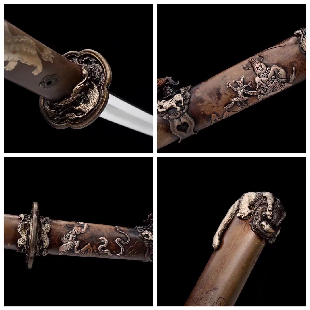 Tachi | Damascus Steel  Clay-tempered  | Tiger |  Hand sharpened | Real hamon | Copper Gilded Glided silver Accessories Sheath Handle | High performance | Battle-ready | Full-tang - Spartan Blades Club - 陳氏劍莊1892