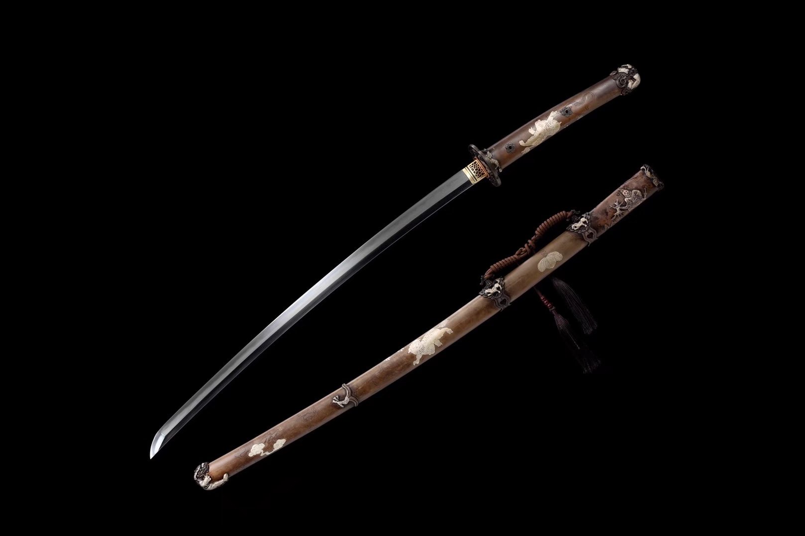 Tachi | Damascus Steel  Clay-tempered  | Tiger |  Hand sharpened | Real hamon | Copper Gilded Glided silver Accessories Sheath Handle | High performance | Battle-ready | Full-tang - Spartan Blades Club - 陳氏劍莊1892