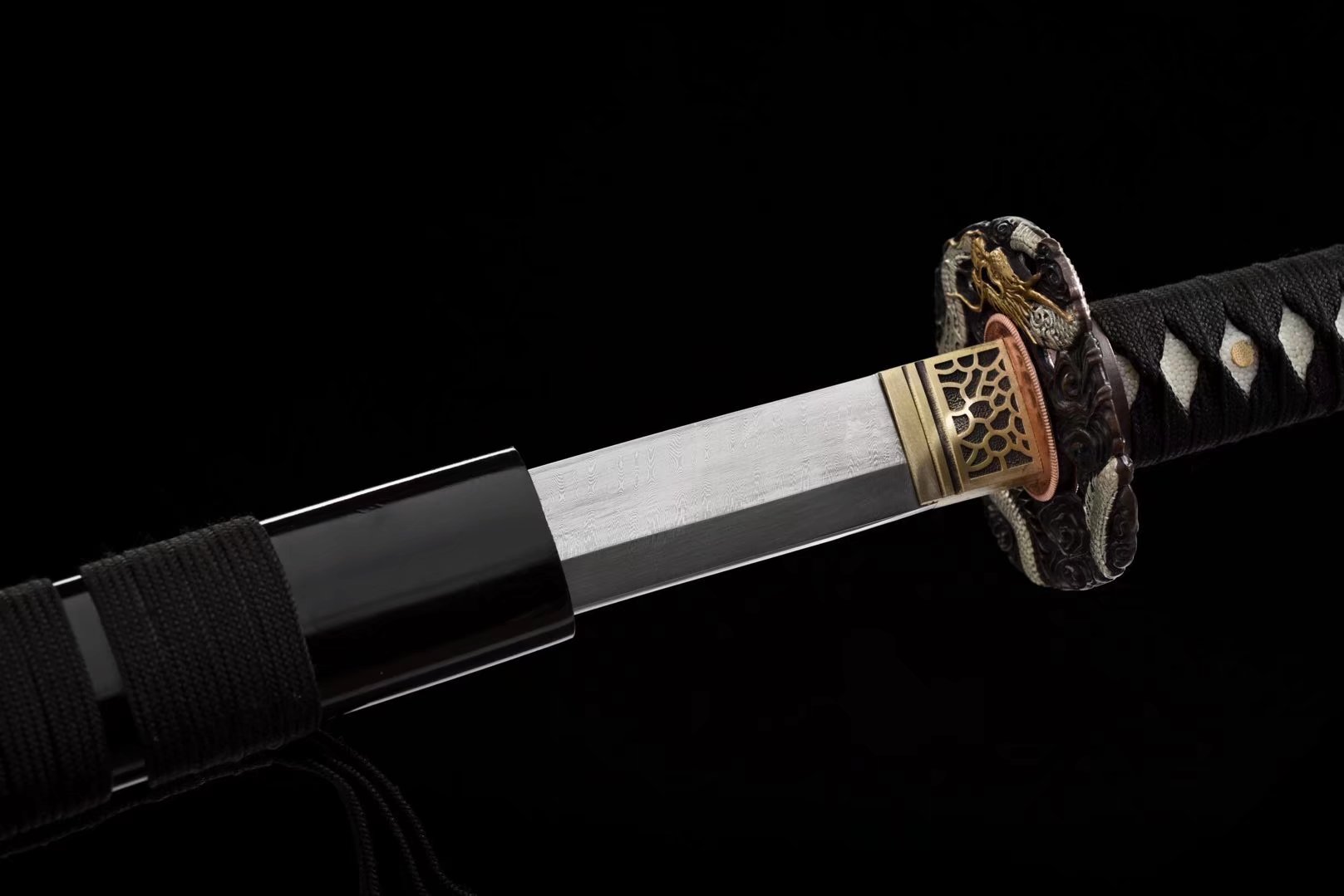 Katana |  Damascus | Real hamon | Copper Hollow out Gilded Glided silver | Wooden Lacquer | Hand forged | Battle-ready | Full-tang - Spartan Blades Club - 陳氏劍莊1892