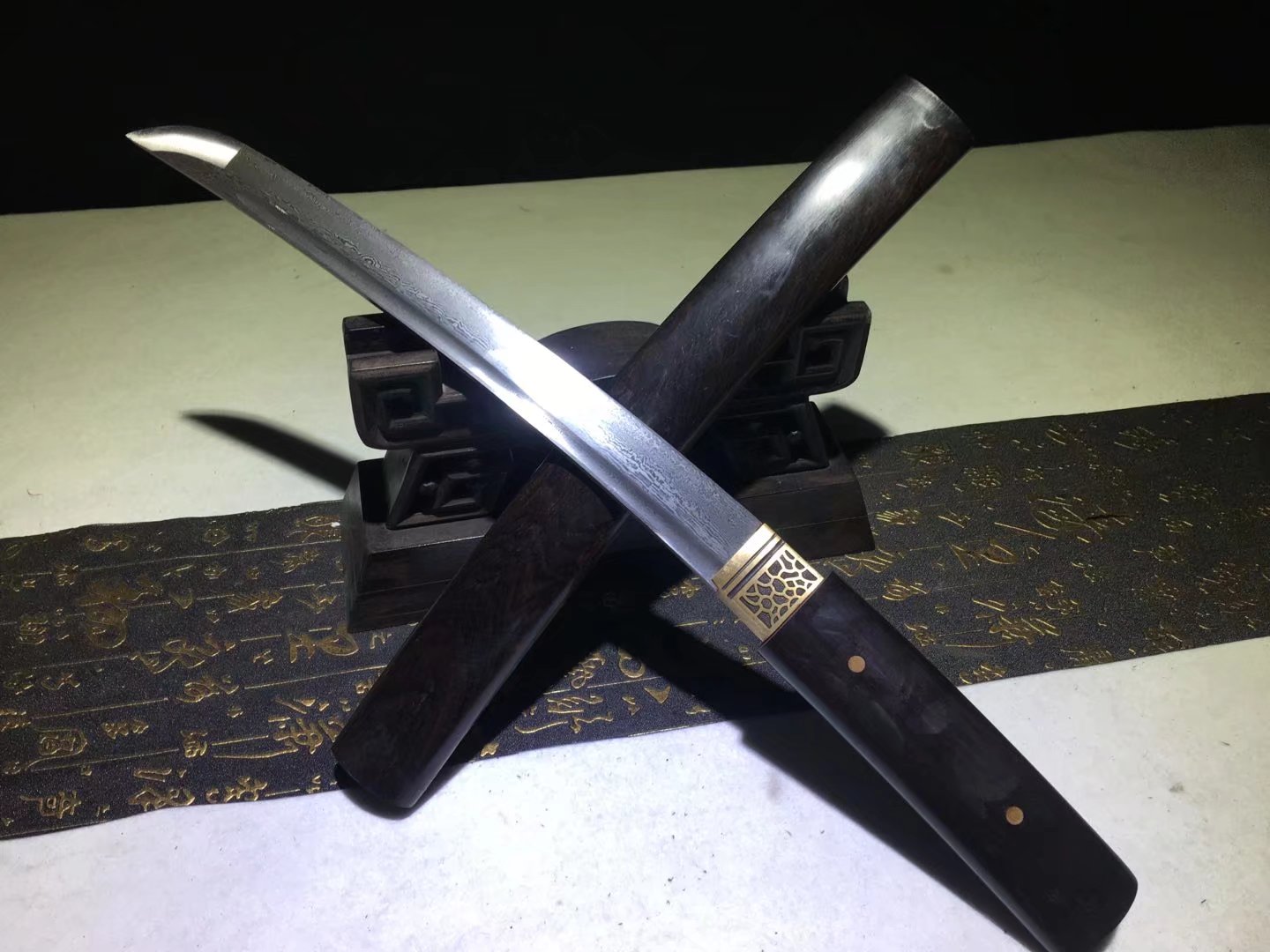 Tanto | Damascus | Ebony Sheath | Ebony Handle | Copper Accessories | Hand forged sharpened | High performance | Razor sharp | Battle-ready | Full-tang - Spartan Blades Club - 陳氏劍莊1892