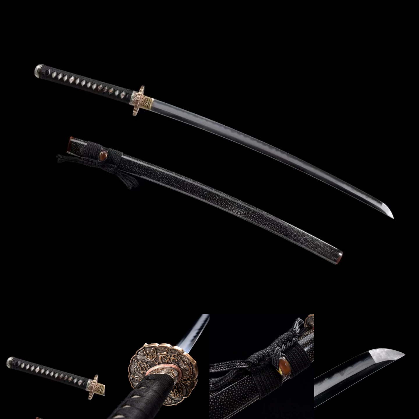 Katana | Damascus Clay Tempered | Hand forged sharpened | Ray-skin Sheath | Ray-skin Handle | Copper Gilded Glided silve Accessories | High performance | Razor sharp | Battle-ready | Full-tang - Spartan Blades Club - 陳氏劍莊1892