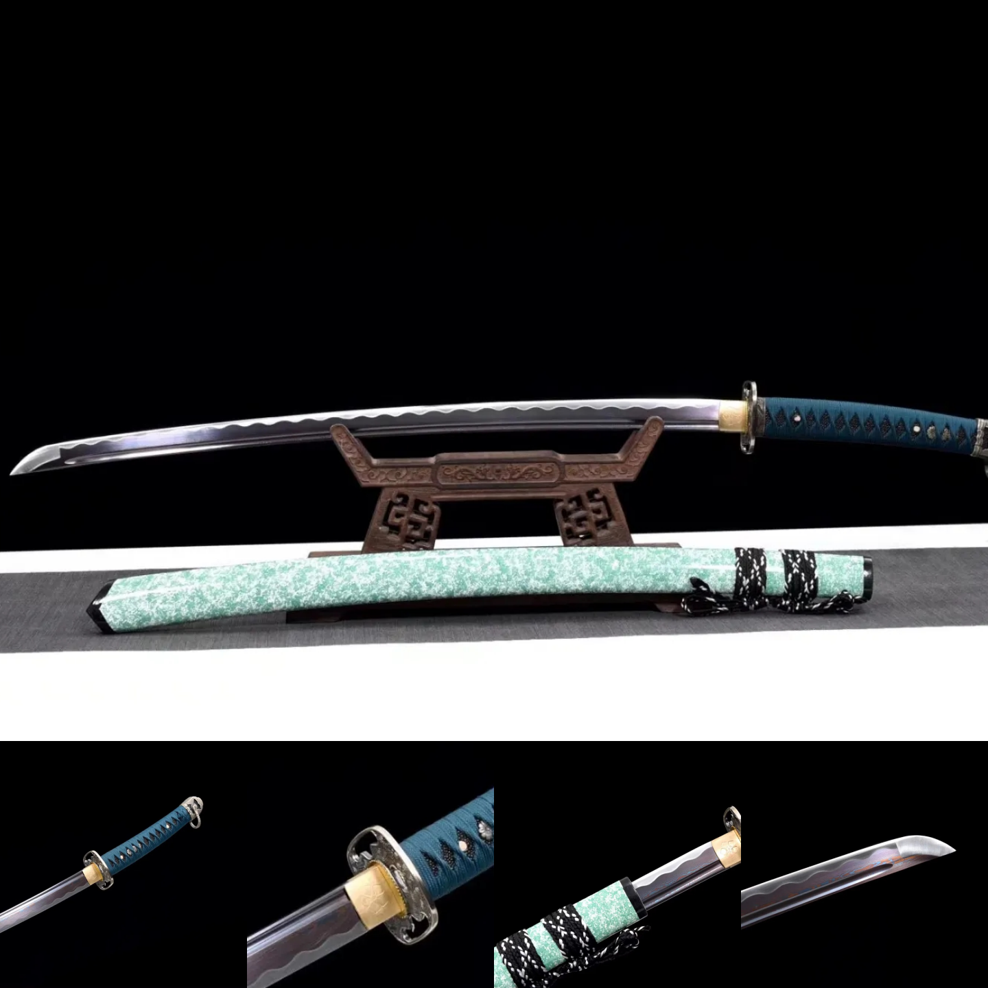 Katana | Damascus Steel Heat-colored |  Wooden Lacquer Sheath | Hand forged | sharp |  Battle-ready |  Full-tang | Green | Flower - Spartan Blades Club - 陳氏劍莊1892