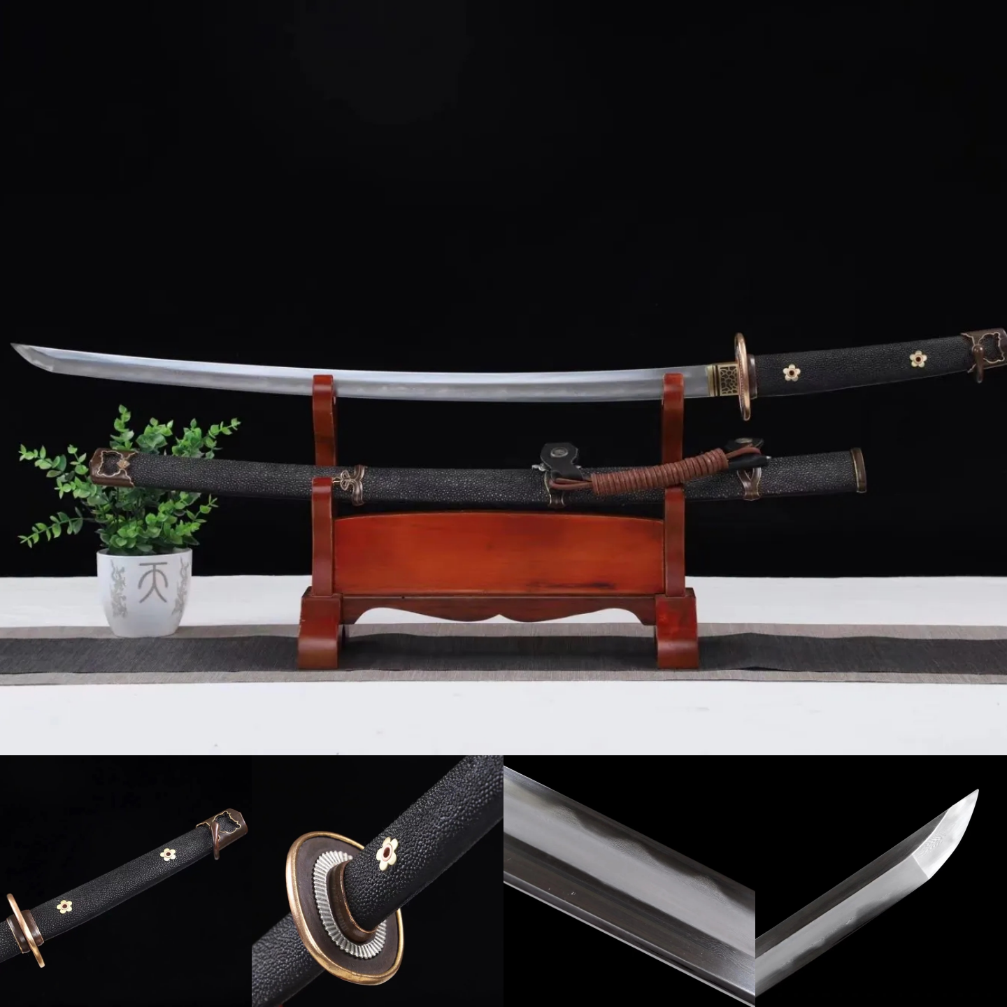 Tachi | Damascus Clay Tempered | Hand sharpened | Ray-skin Sheath | Ray-skin Handle | Copper Gilded Glided silver Accessories | High performance | Battle-ready | Full-tang - Spartan Blades Club - 陳氏劍莊1892