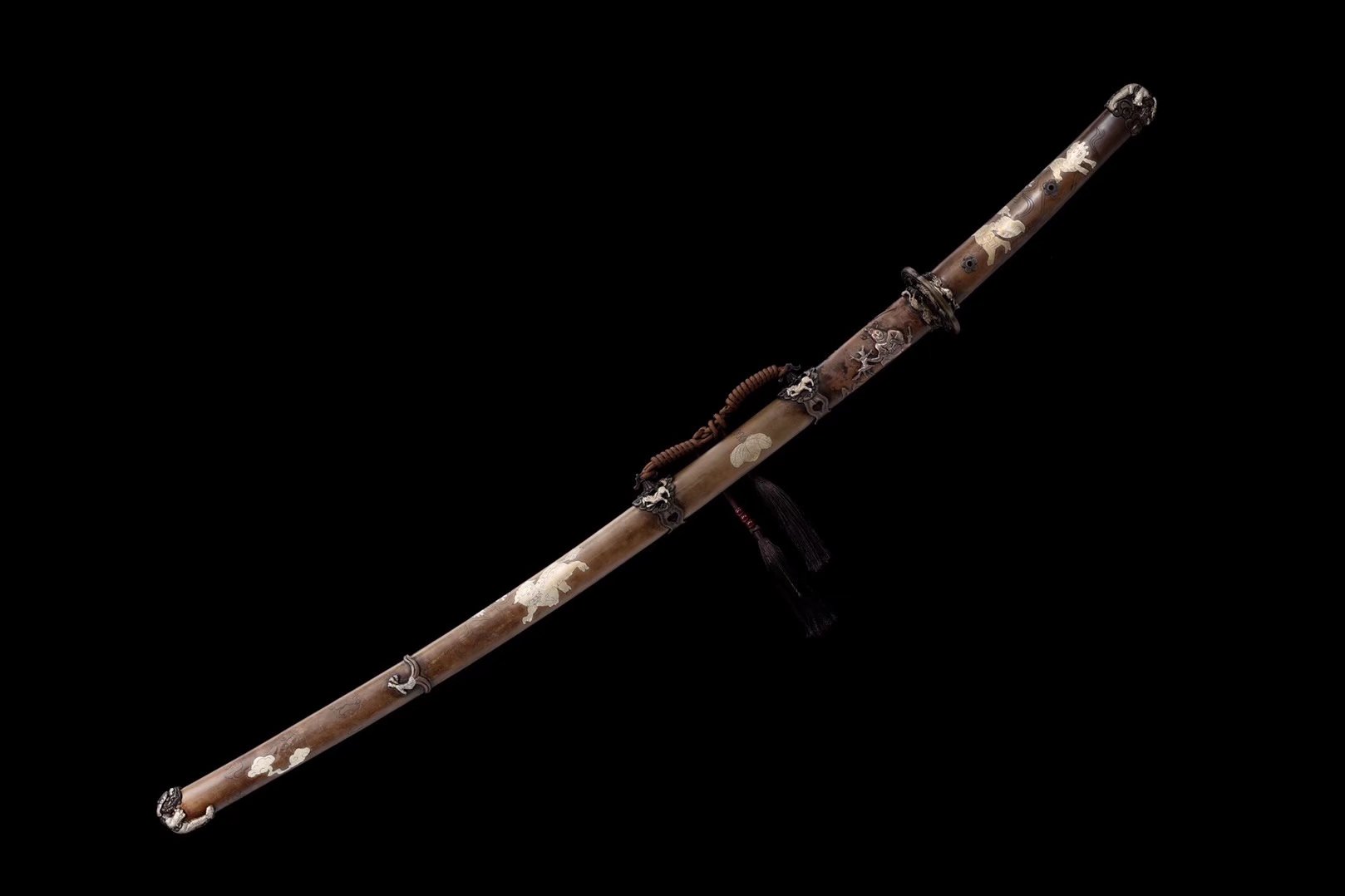 Tachi | Damascus Steel  Clay-tempered  | Tiger |  Hand sharpened | Real hamon | Copper Gilded Glided silver Accessories Sheath Handle | High performance | Battle-ready | Full-tang - Spartan Blades Club - 陳氏劍莊1892