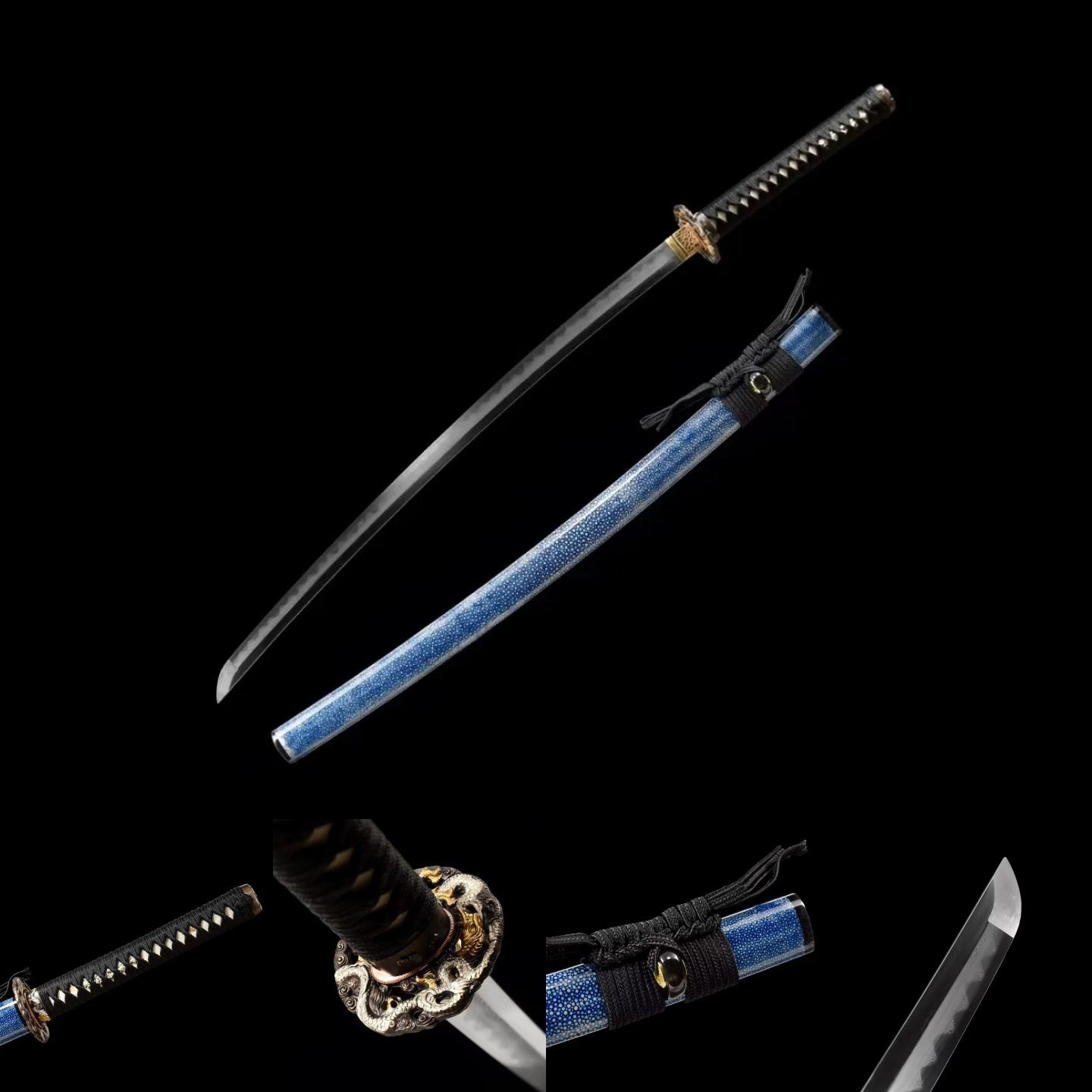 Katana | Damascus steel Clay-empered Hadori-polishing | Copper Hollow out  Gilded Glided silver | Ray-skin sheath Handle | Real hamon | Blue | Razor sharp | Battle-ready | Full-tang - Spartan Blades Club - 陳氏劍莊1892