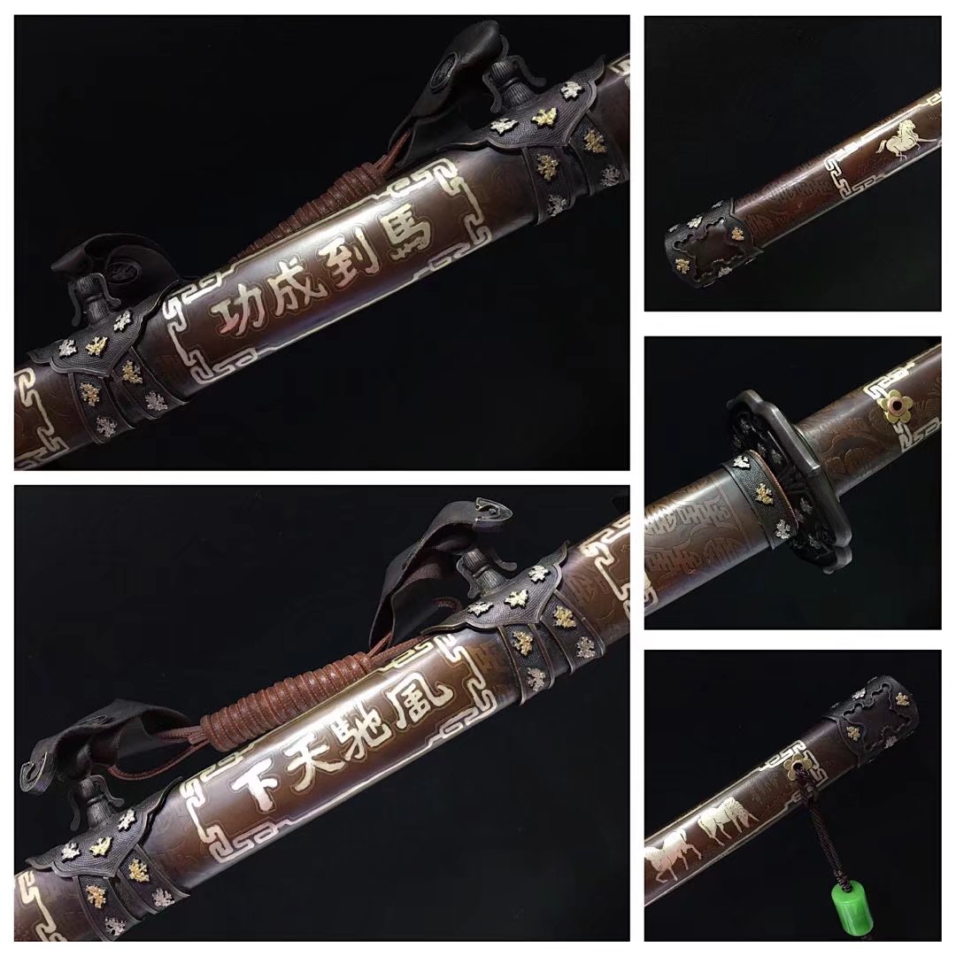 Tachi | Damascus Steel Clay-tempered | Horse | Copper Gilded Glided silver Sheath Accessories Handle | Real Hamon | High performance | Battle-ready | Full-tang - Spartan Blades Club - 陳氏劍莊1892