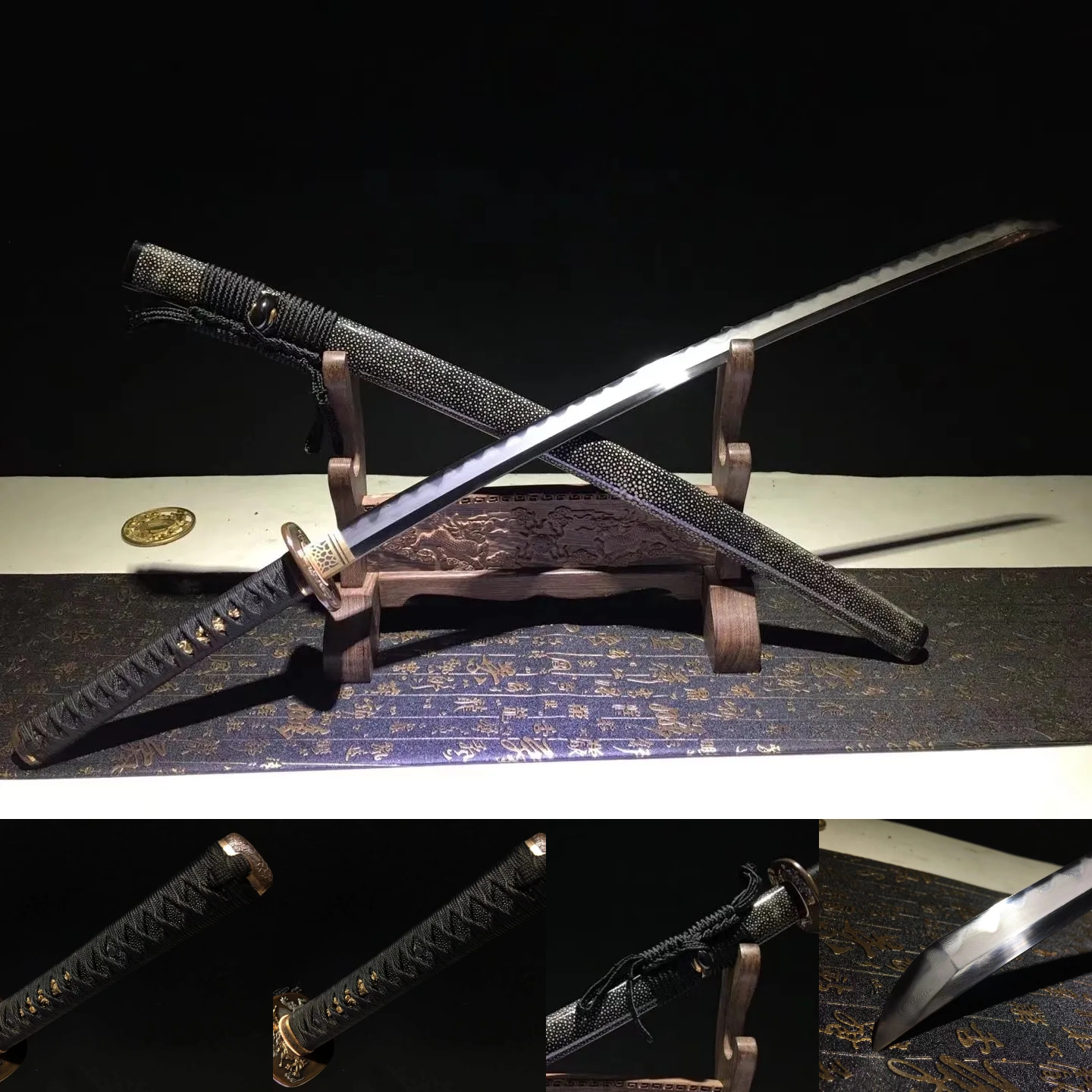 Katana | Damascus | Gilded Glided silver | Ray-skin | Pattern steel Clay tempered |Battle-ready |  Full-tang - Spartan Blades Club - 陳氏劍莊1892