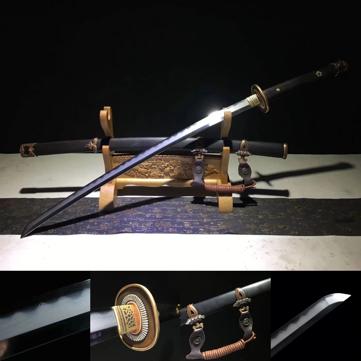 Tachi | Damascus Clay Tempered | Hand sharpened forged | Ebony Sheath | Ebony Handle | Copper Gilded Glided silver Accessories | High performance |  Razor sharp | Battle-ready | Full-tang - Spartan Blades Club - 陳氏劍莊1892