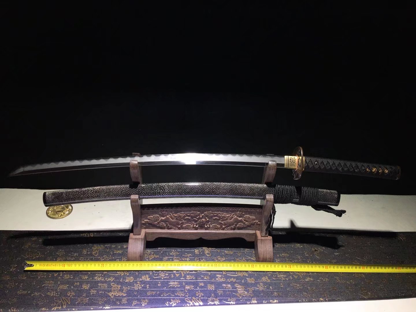 Katana | Damascus | Gilded Glided silver | Ray-skin | Pattern steel Clay tempered |Battle-ready |  Full-tang - Spartan Blades Club - 陳氏劍莊1892