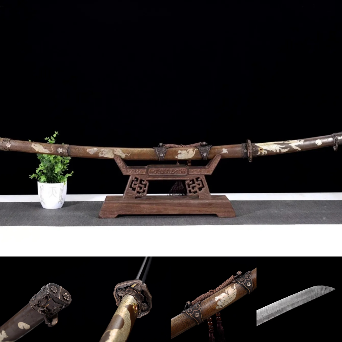 Tachi | Damascus Real hamon | Copper Gilded Glided silver Sheath Accessories Handle  | High performance | Battle-ready | Full-tang - Spartan Blades Club - 陳氏劍莊1892