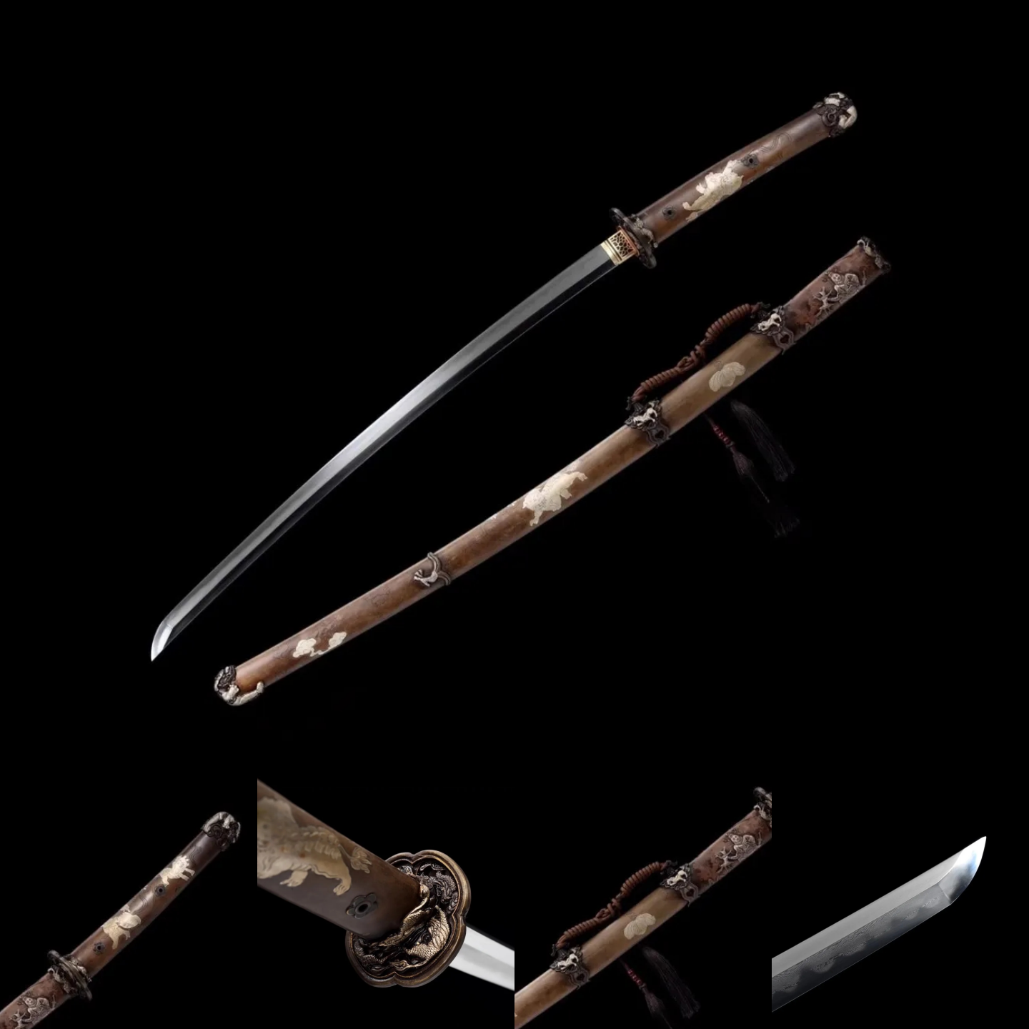 Tachi | Damascus Steel  Clay-tempered  | Tiger |  Hand sharpened | Real hamon | Copper Gilded Glided silver Accessories Sheath Handle | High performance | Battle-ready | Full-tang - Spartan Blades Club - 陳氏劍莊1892