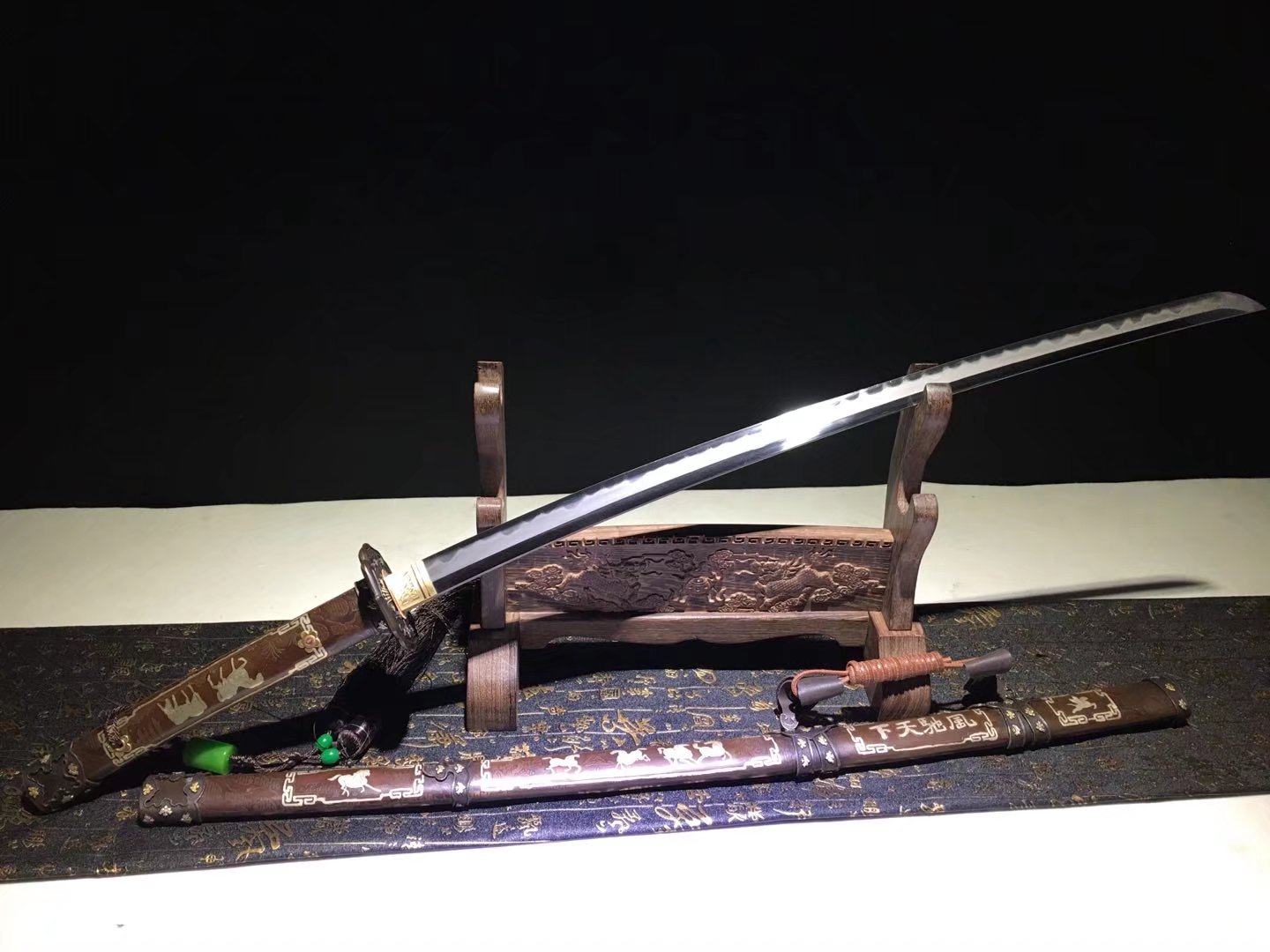 Tachi | Damascus Steel Clay-tempered | Horse | Copper Gilded Glided silver Sheath Accessories Handle | Real Hamon | High performance | Battle-ready | Full-tang - Spartan Blades Club - 陳氏劍莊1892