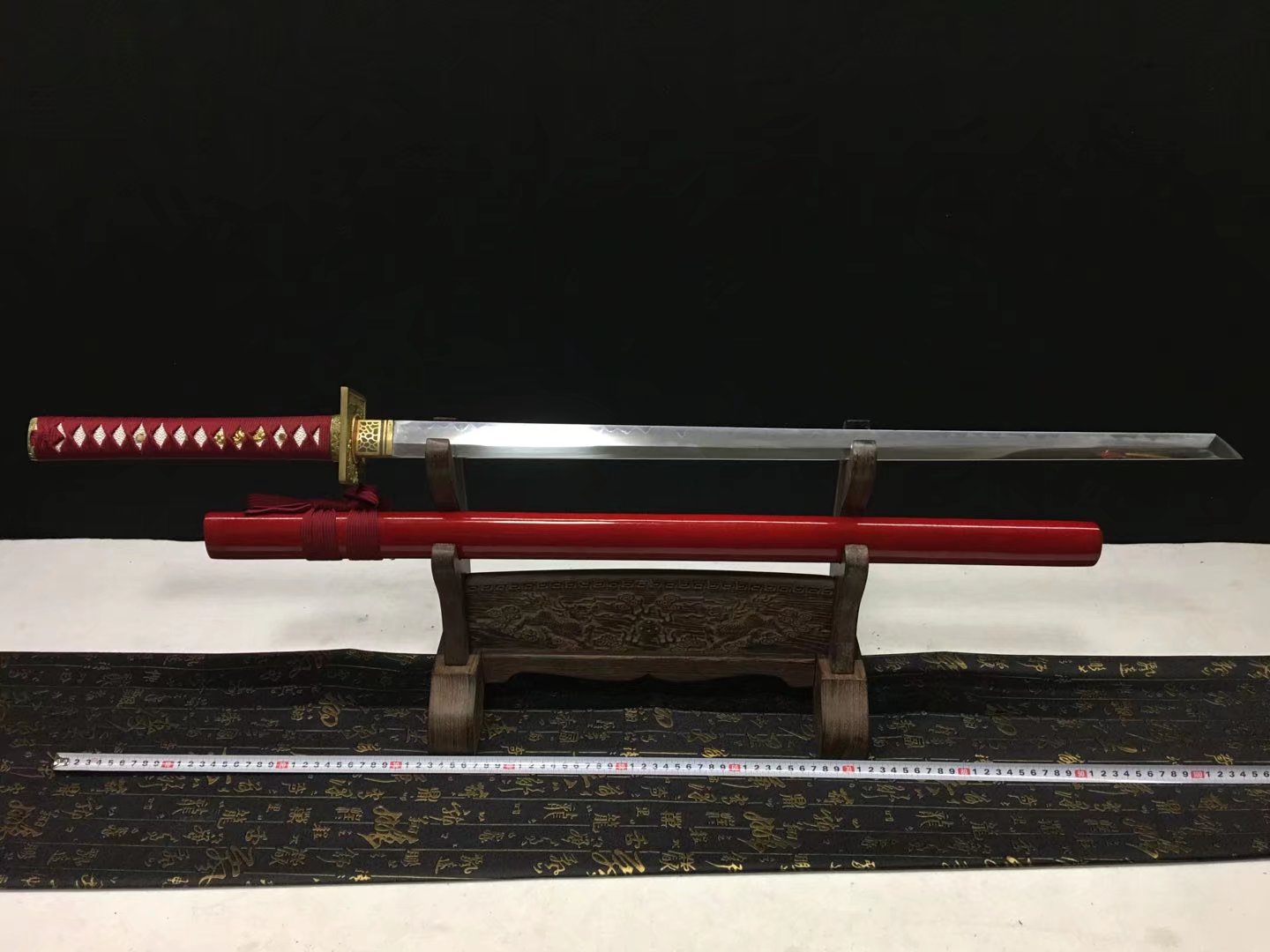 Katana | Copper Accessories | T10 Steel Clay tempered | Red Lacquer Sheath Dragon |  Real hamon | Hand forged | Razor sharp |  Full-tang - Spartan Blades Club - 陳氏劍莊1892