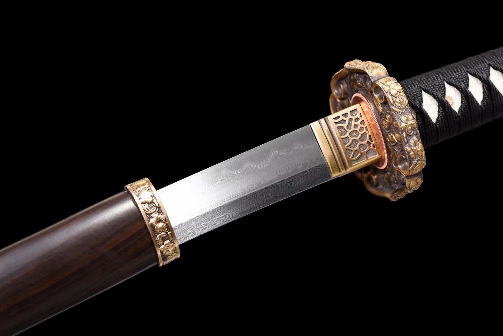 Tachi | Damascus Clay Tempered | Ebony Sheath| Copper Handle | Hand forged | Hand sharpened |  Ray-skin Handle | Battle-ready | Full-tang - Spartan Blades Club - 陳氏劍莊1892