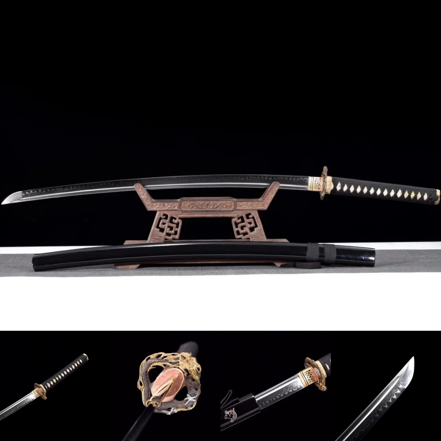 Katana | T10 Steel Clay-Tempered | Real hamon | Dragon | Black | Wooden Lacquer sheath | High performance | Battle-ready | Razor sharp | Full-tang - Spartan Blades Club - 陳氏劍莊1892