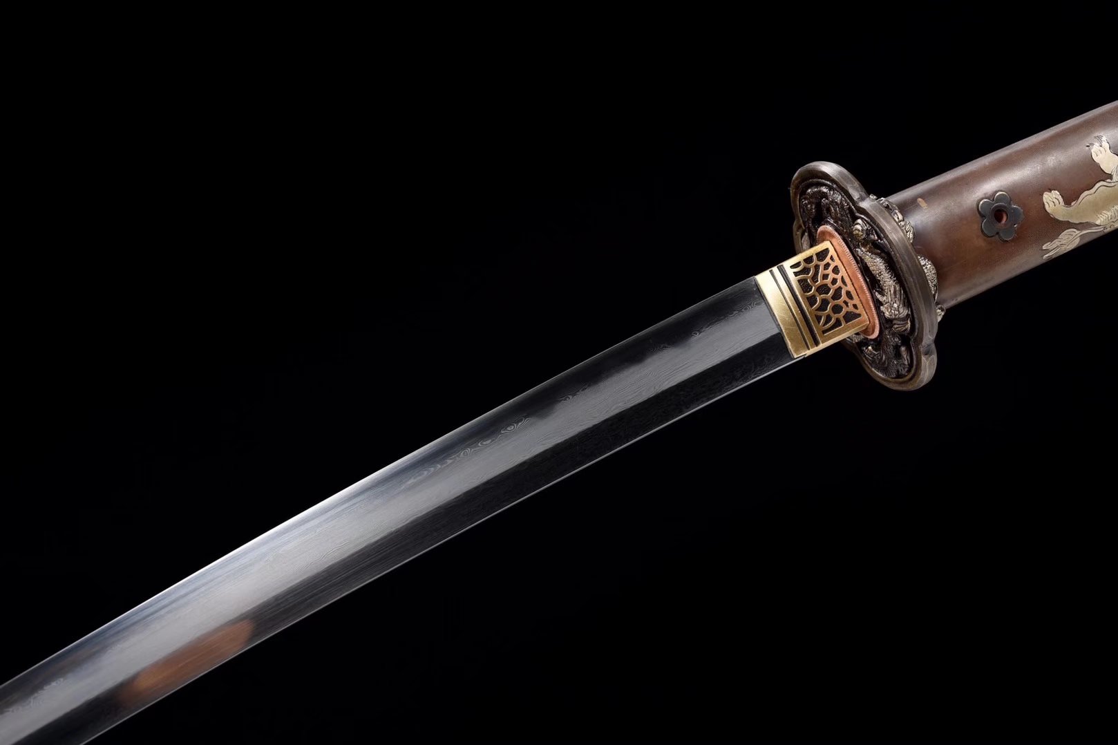 Tachi | Damascus Steel  Clay-tempered  | Tiger |  Hand sharpened | Real hamon | Copper Gilded Glided silver Accessories Sheath Handle | High performance | Battle-ready | Full-tang - Spartan Blades Club - 陳氏劍莊1892