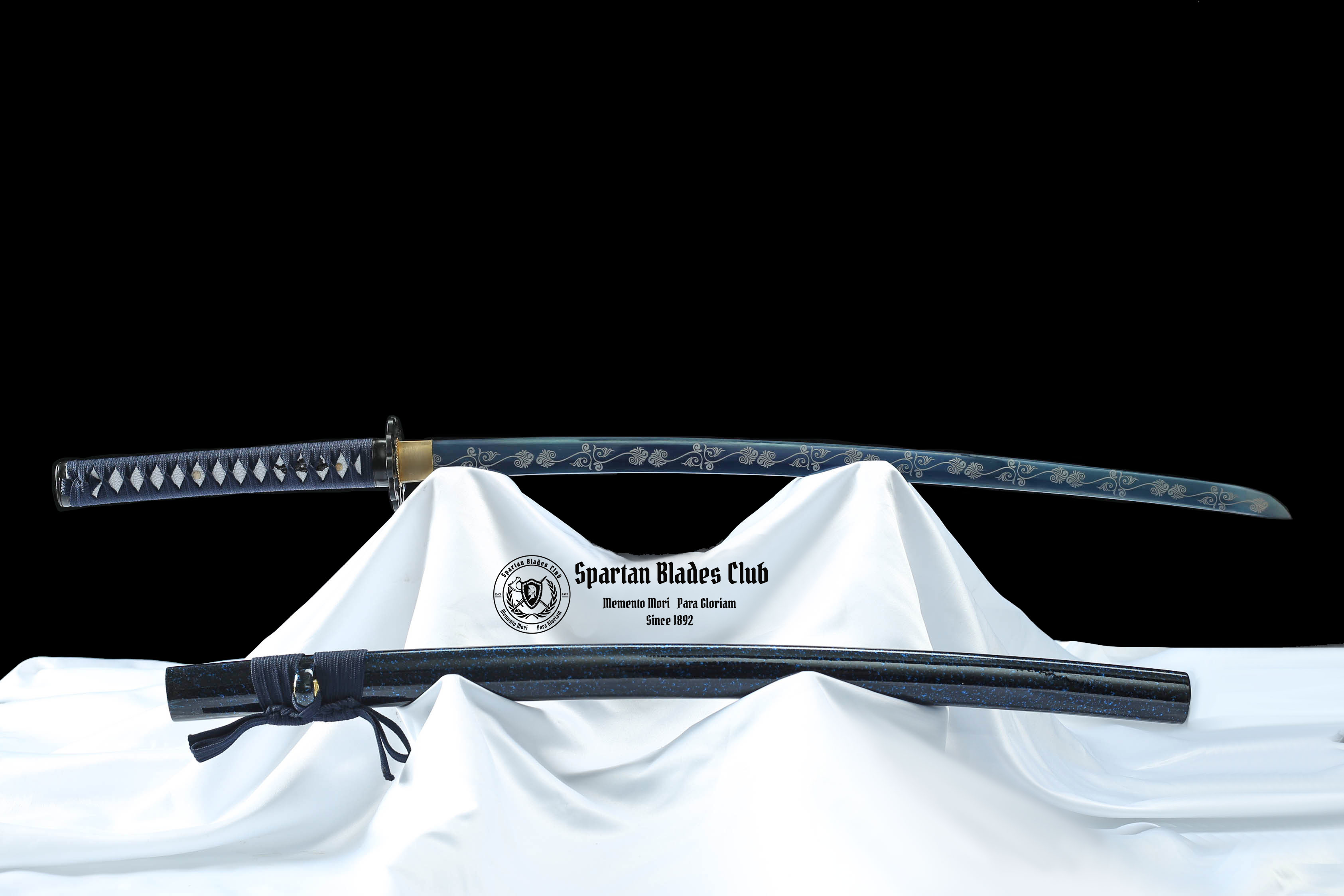 Blue Lanxiao(蓝枭) Katana - T10 steel - Blue blade with classic engraving flowers - Full tang - Battle reday - SBC - Spartan Blades Club - 陳氏劍莊1892
