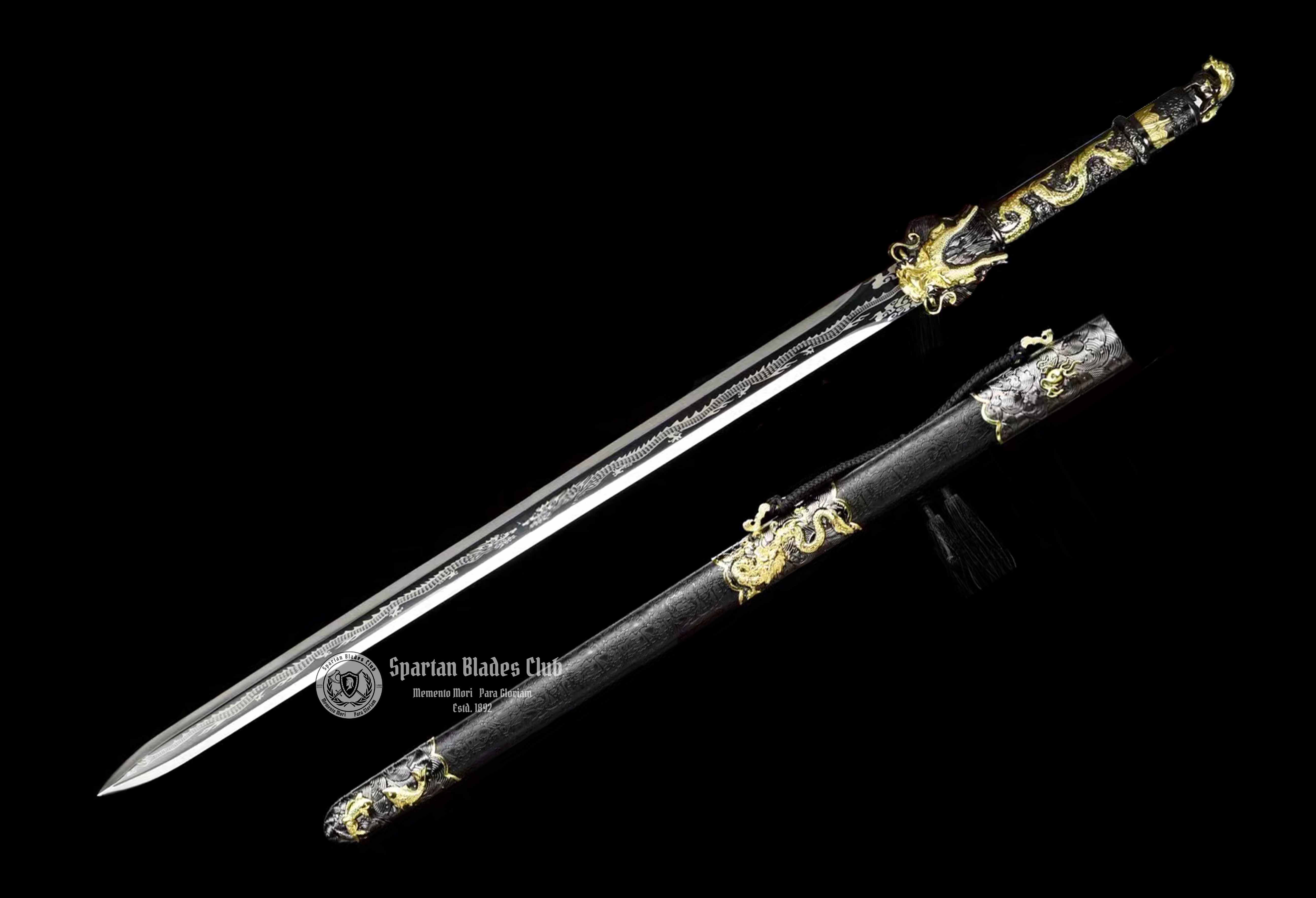 TK55🐲Black Golden Dragon King Jian Sword - High-Performance Manganese Steel - Black Blade - Alloy Fittings - Full Tang - S.B.C 🗡️ - Spartan Blades Club - 陳氏劍莊1892