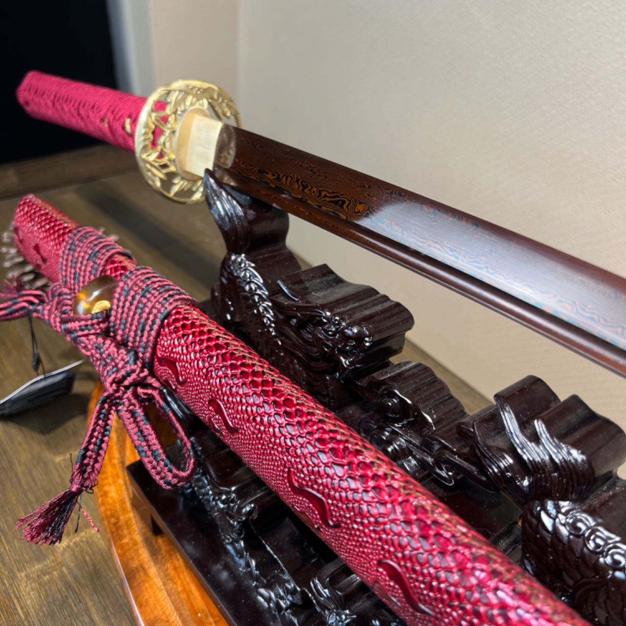 *TK62* 🐊Crimson Crocodile Fang Katana(赤炎鳄齿) - Brown and Black Damascus Steel - Sharp - Full Tang - Battle Ready - Exquisite Craftsmanship - S.B.C - Spartan Blades Club - 陳氏劍莊1892