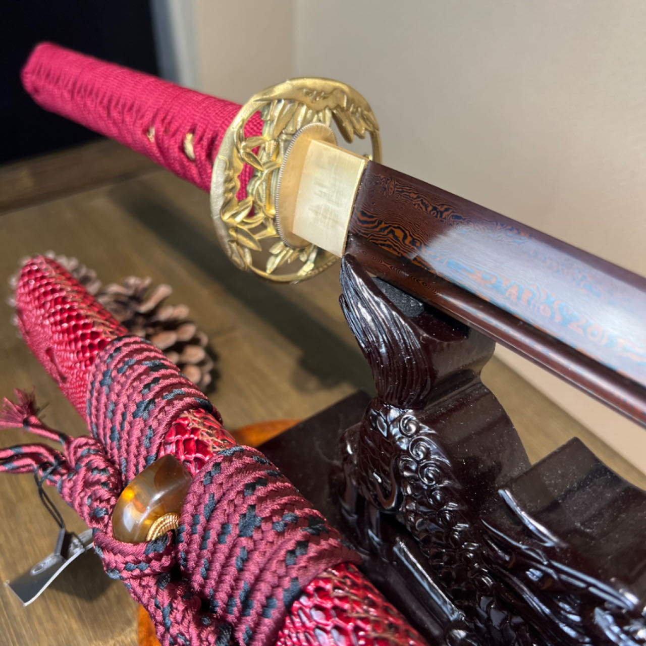 *TK62* 🐊Crimson Crocodile Fang Katana(赤炎鳄齿) - Brown and Black Damascus Steel - Sharp - Full Tang - Battle Ready - Exquisite Craftsmanship - S.B.C - Spartan Blades Club - 陳氏劍莊1892