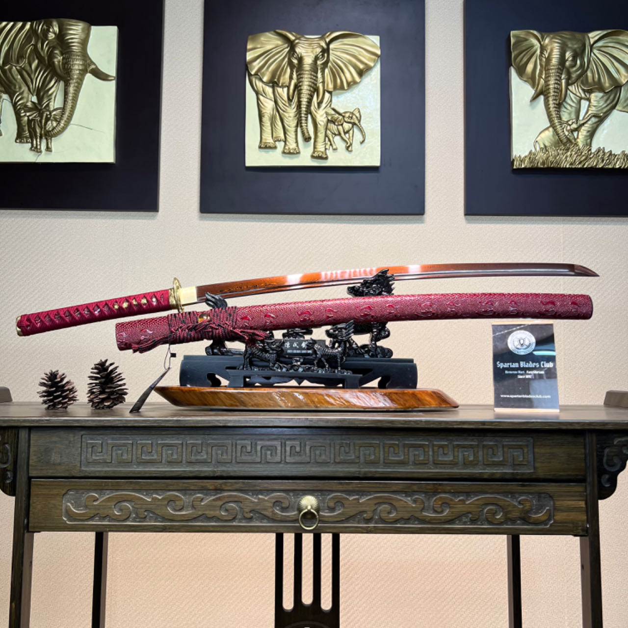 *TK62* 🐊Crimson Crocodile Fang Katana(赤炎鳄齿) - Brown and Black Damascus Steel - Sharp - Full Tang - Battle Ready - Exquisite Craftsmanship - S.B.C - Spartan Blades Club - 陳氏劍莊1892