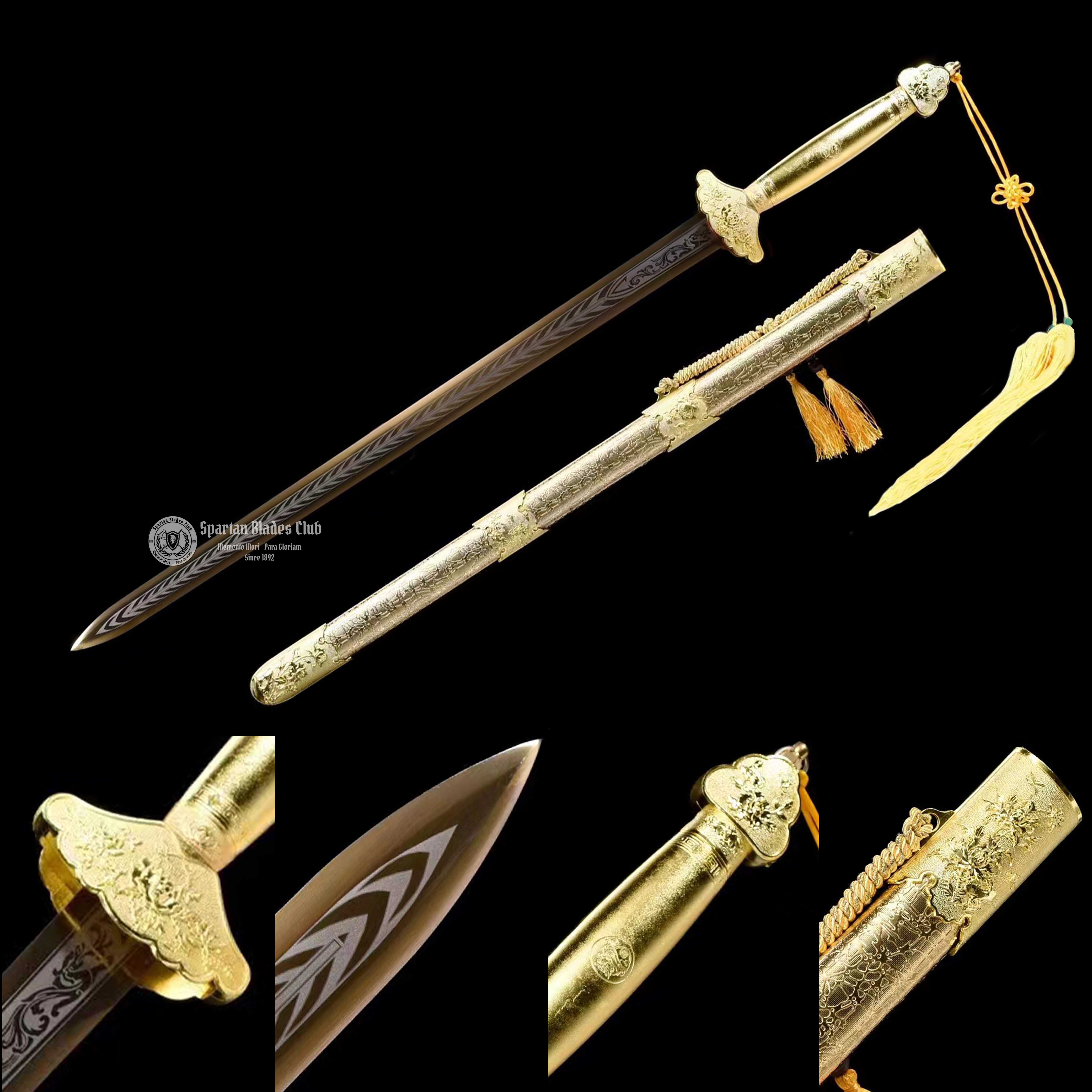 JQ01｜🏵Aureate Peony Blade｜JIAN｜High manganese steel｜Heat-colored golden｜Peony｜golden｜Battle-Ready｜Full-tang｜Spartan Blades Club｜CHEN'S SWORDS 1892 - Spartan Blades Club - 陳氏劍莊1892