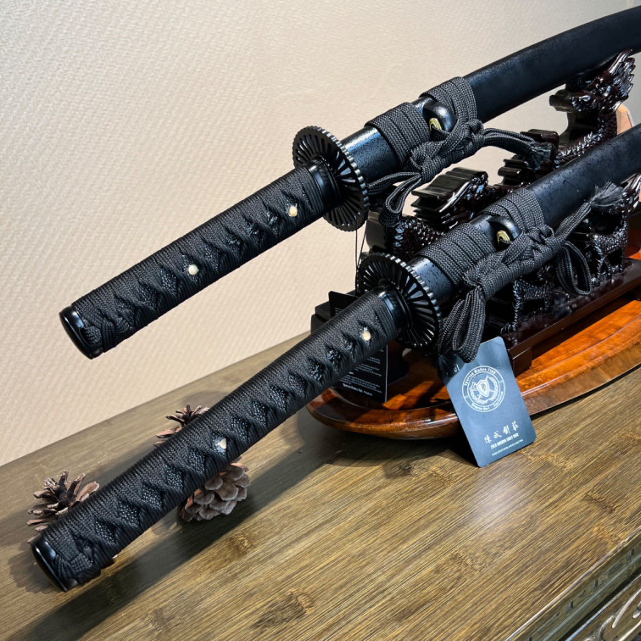 🌟TK70🌟Dark Shadow Samurai (暗影武士) Daisho -Katana & Wakizashi - Black Damascus Steel - Battle Ready - Full Tang - S.B.C & CHEN'S SWORDS - Spartan Blades Club - 陳氏劍莊1892