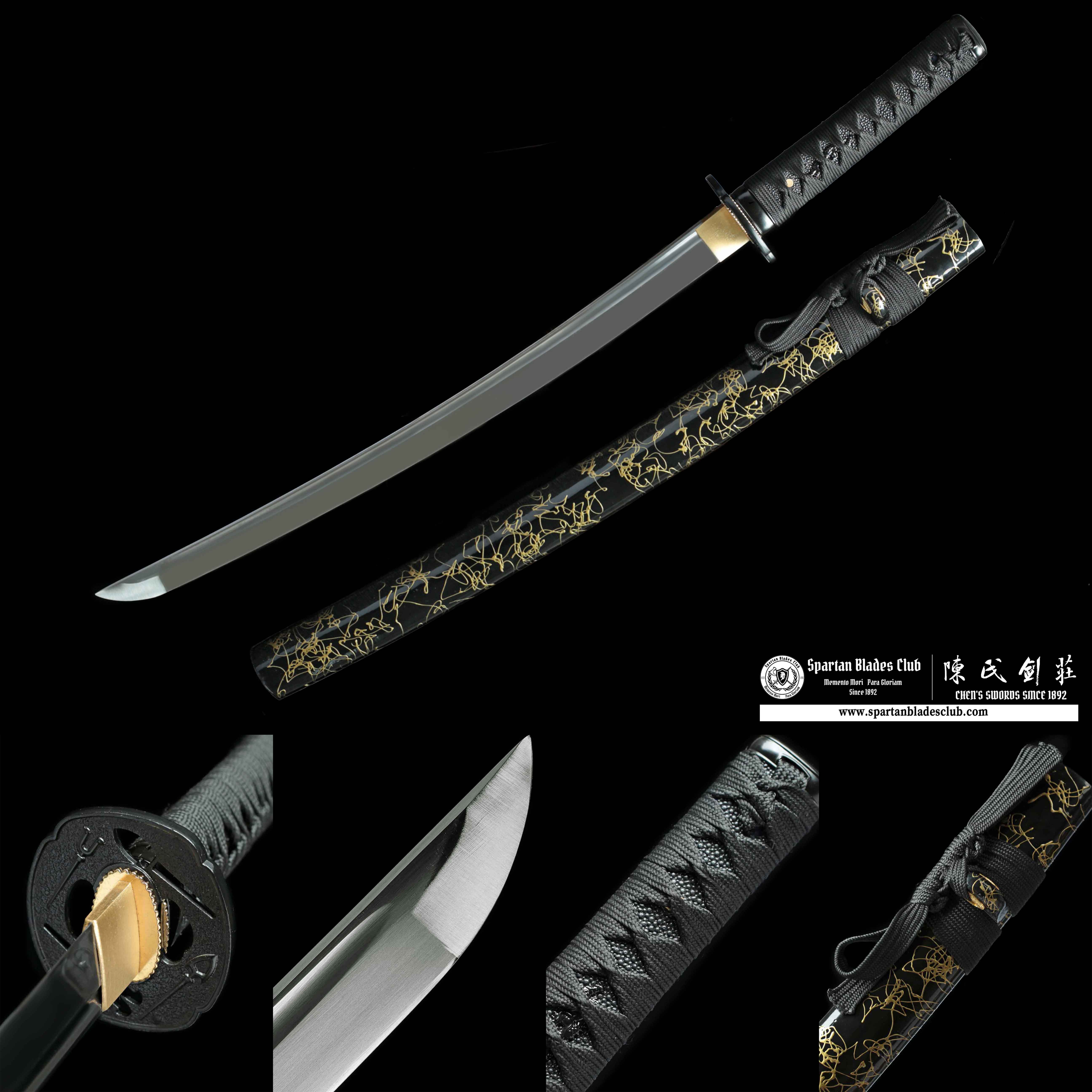 Dark Night's Dream(暗夜之梦) Wakizashi -65Mn Steel Blade(Spring steel) - - Full Tang Handcrafted with Genuine Ray Skin Handle - High-Performance Functional Sword - Black Gold - SBC - CHEN'S SWORDS - Spartan Blades Club - 陳氏劍莊1892