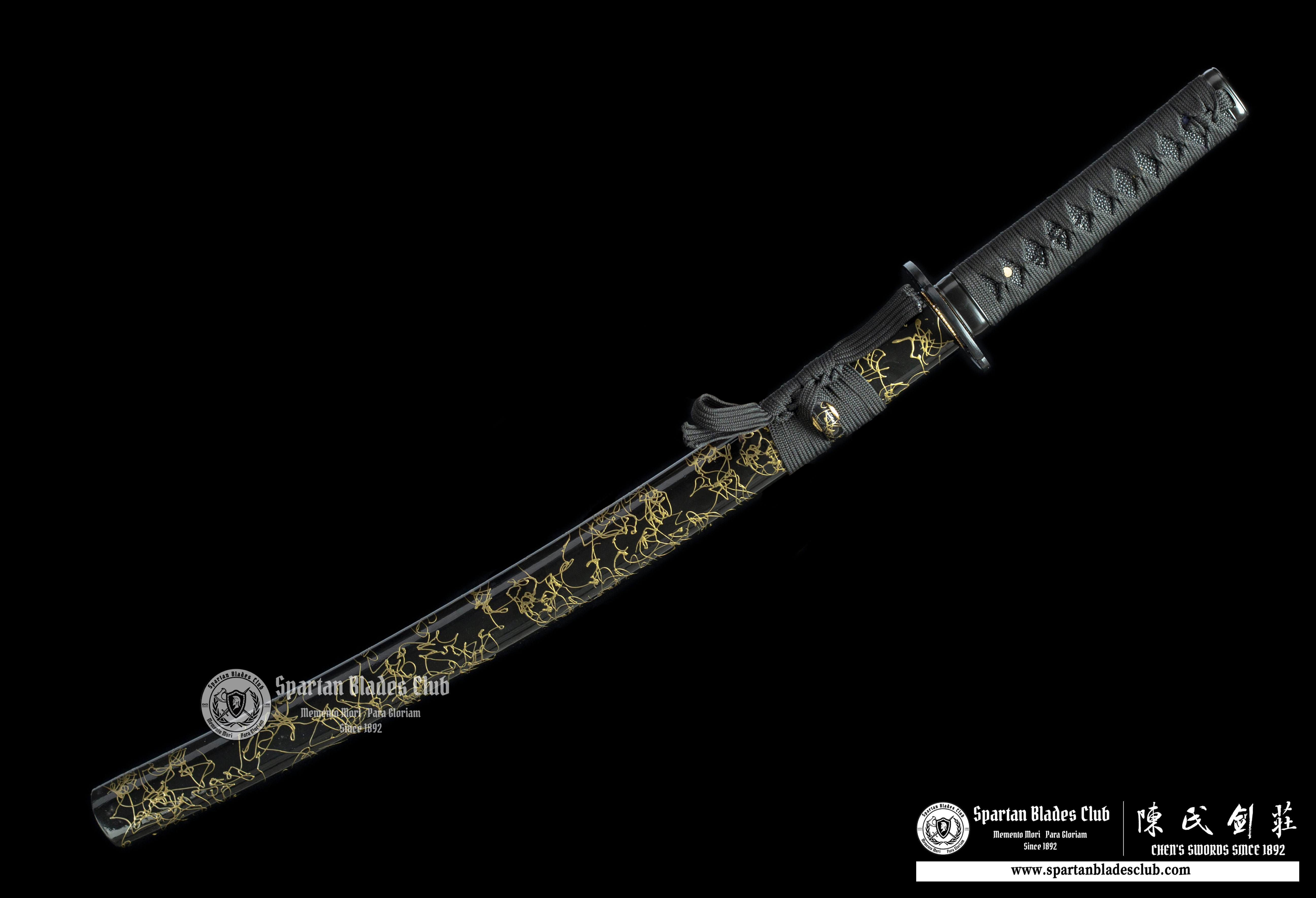 Dark Night's Dream(暗夜之梦) Wakizashi -65Mn Steel Blade(Spring steel) - - Full Tang Handcrafted with Genuine Ray Skin Handle - High-Performance Functional Sword - Black Gold - SBC - CHEN'S SWORDS - Spartan Blades Club - 陳氏劍莊1892