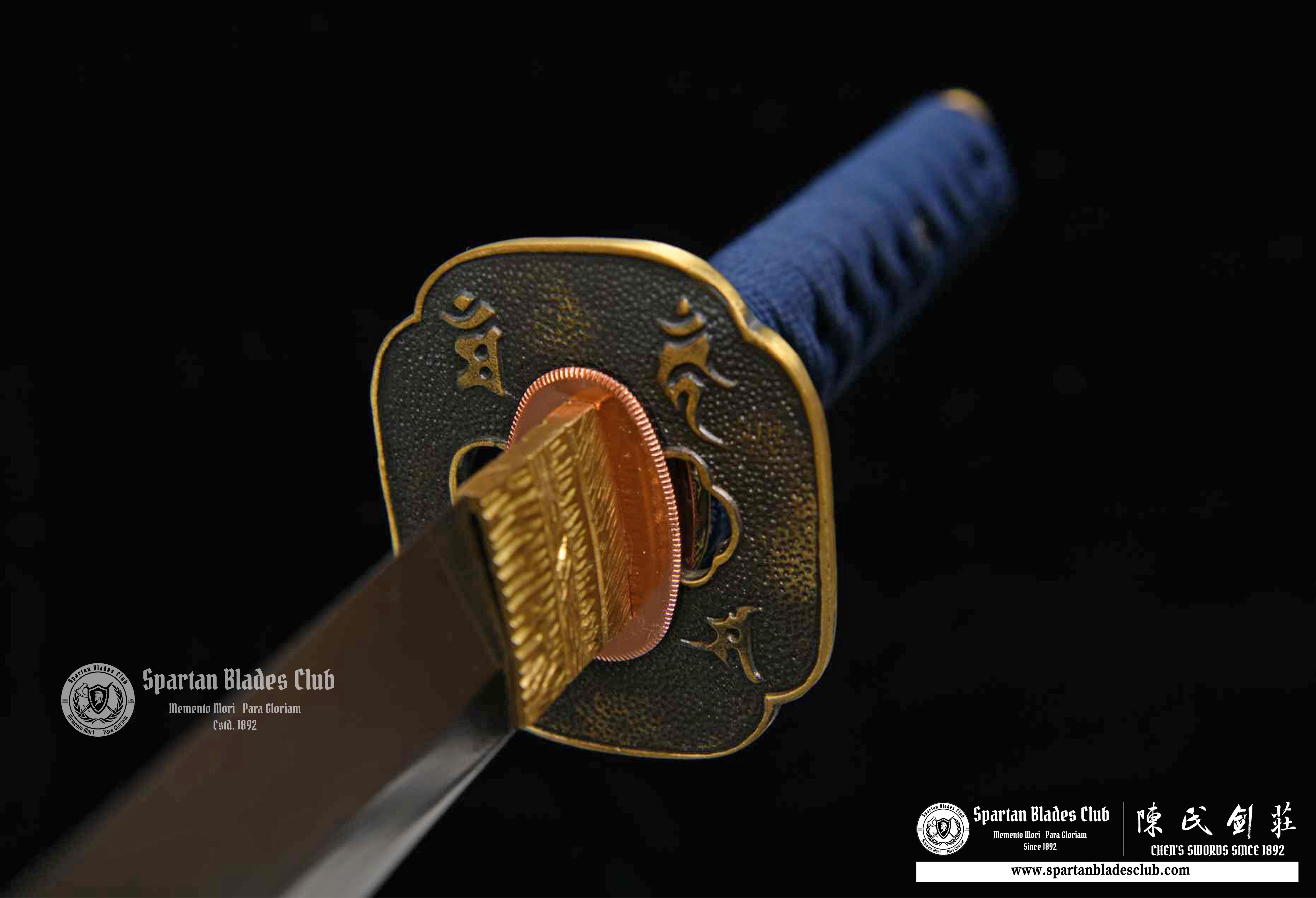 Wakazashi \T10 steel Clay-tempered \ Brass-made Fittins \ Autentic ray-skin \ Blue \ Battle-ready - Spartan Blades Club - 陳氏劍莊1892