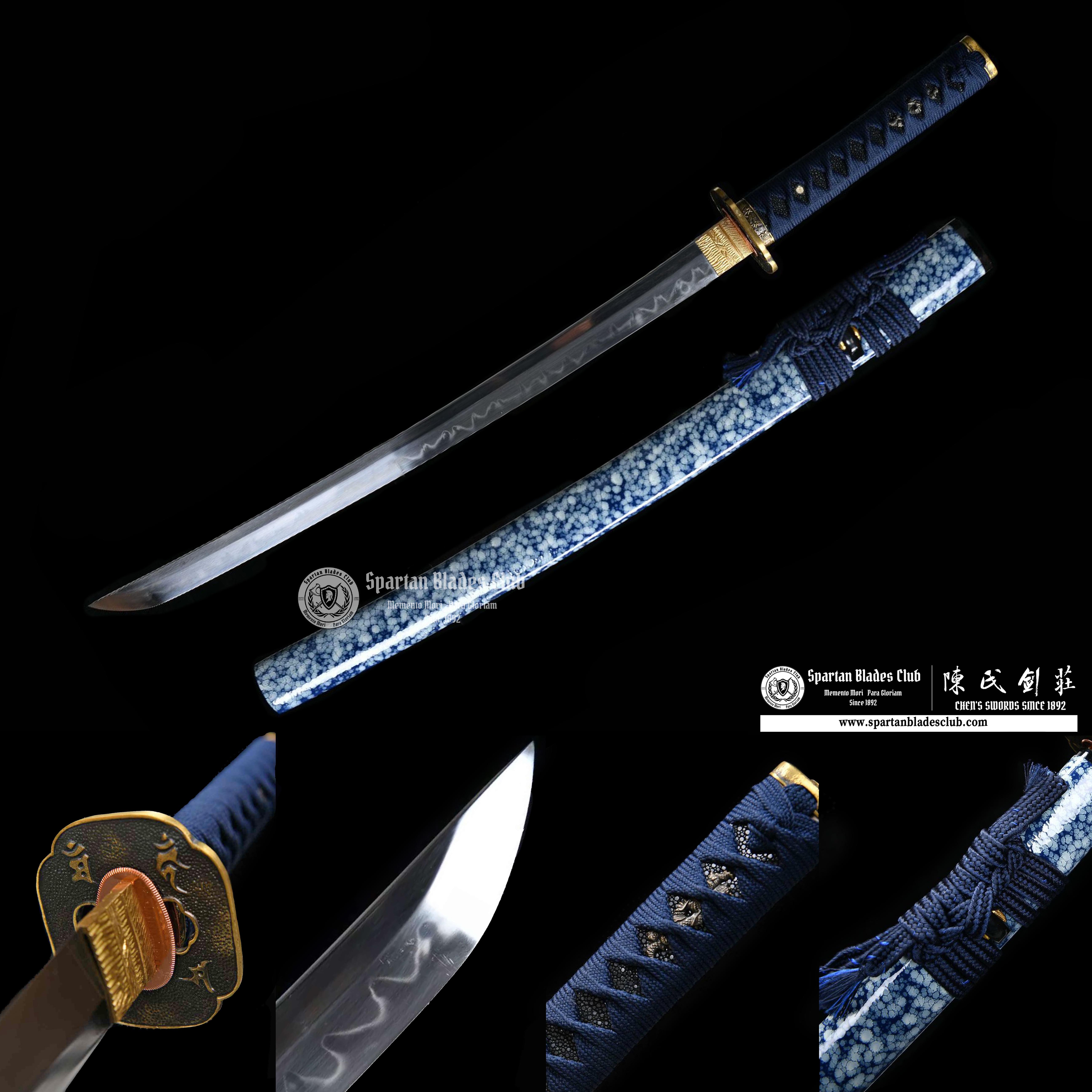 Wakazashi \T10 steel Clay-tempered \ Brass-made Fittins \ Autentic ray-skin \ Blue \ Battle-ready - Spartan Blades Club - 陳氏劍莊1892