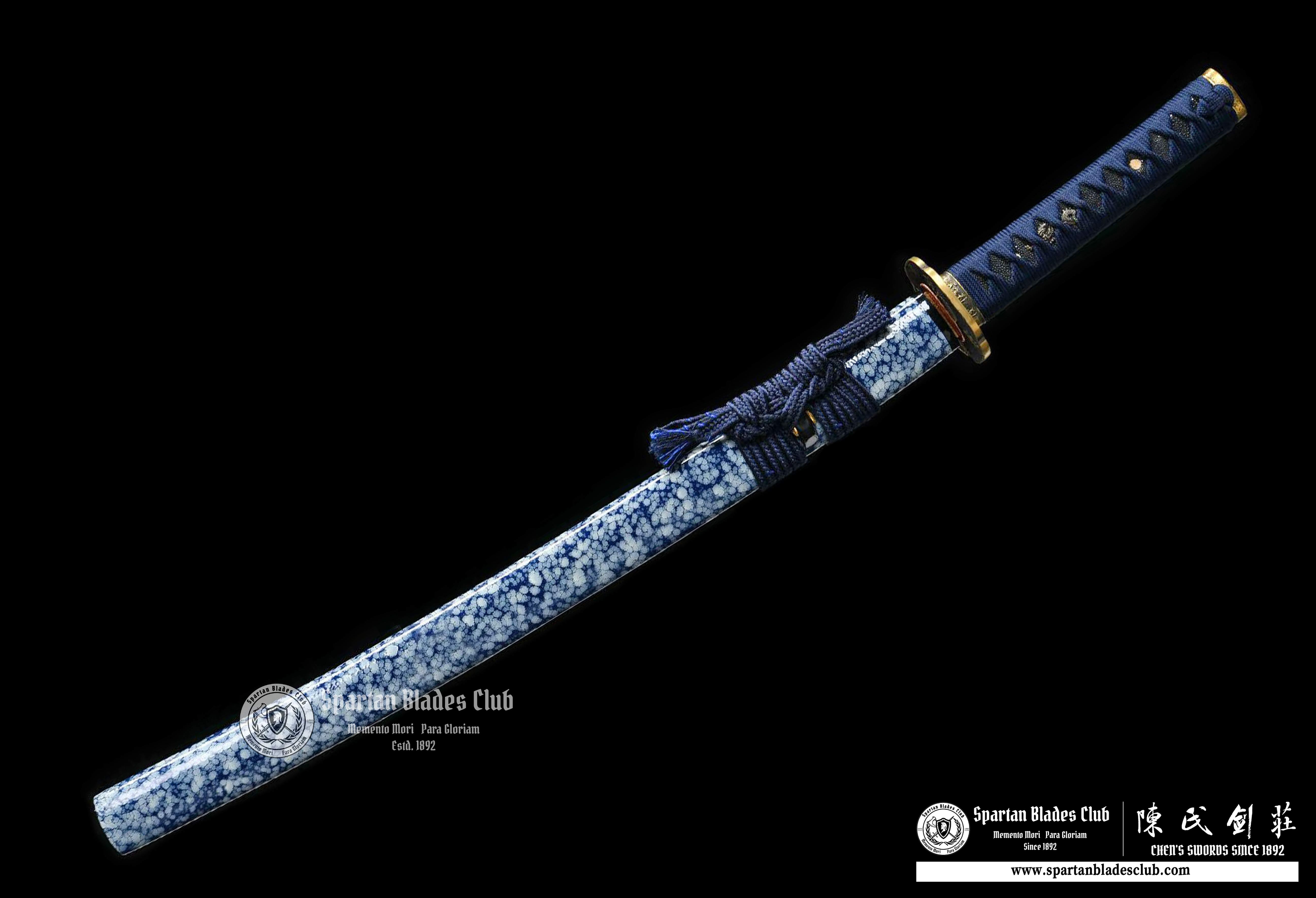 Wakazashi \T10 steel Clay-tempered \ Brass-made Fittins \ Autentic ray-skin \ Blue \ Battle-ready - Spartan Blades Club - 陳氏劍莊1892