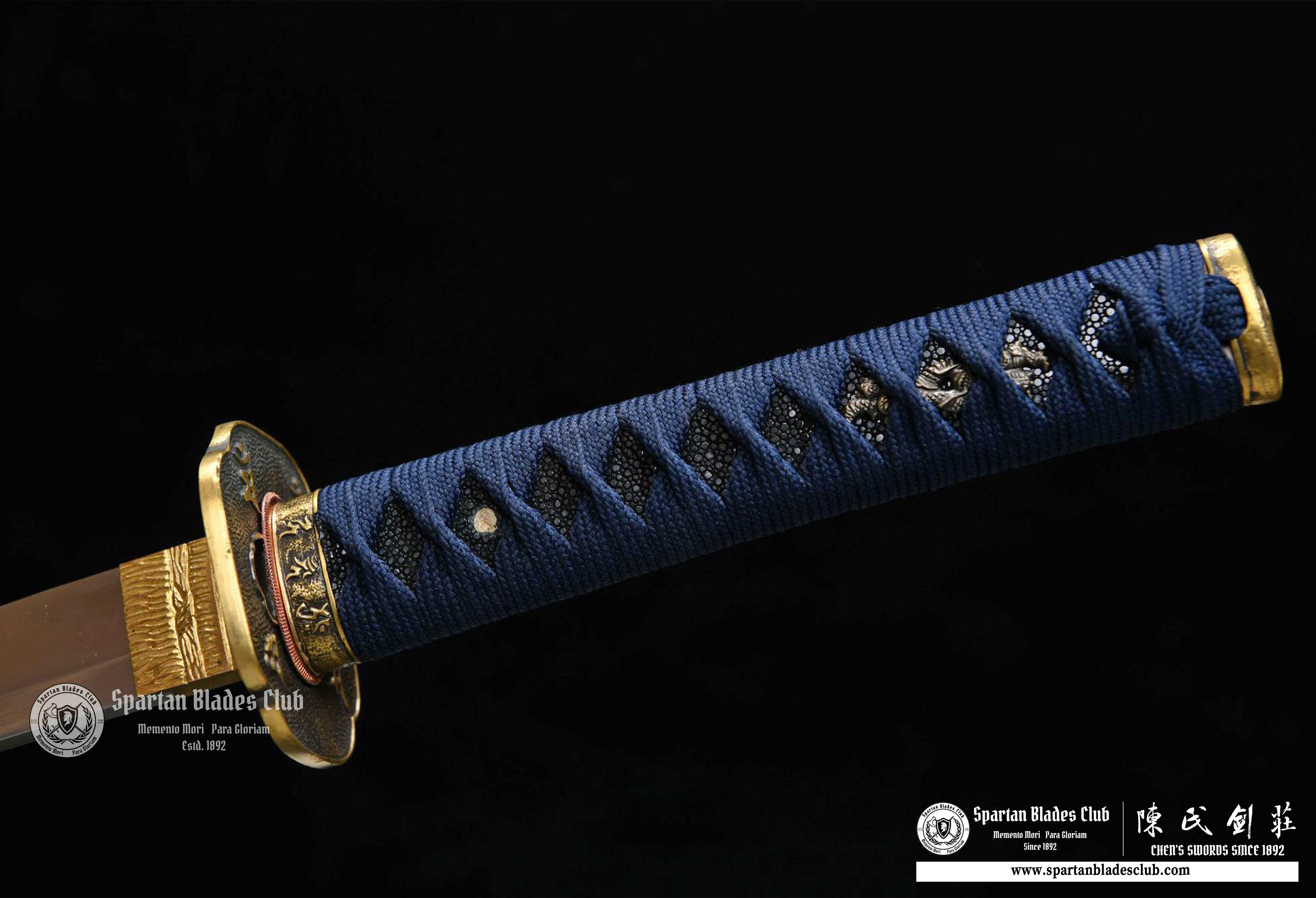 Wakazashi \T10 steel Clay-tempered \ Brass-made Fittins \ Autentic ray-skin \ Blue \ Battle-ready - Spartan Blades Club - 陳氏劍莊1892
