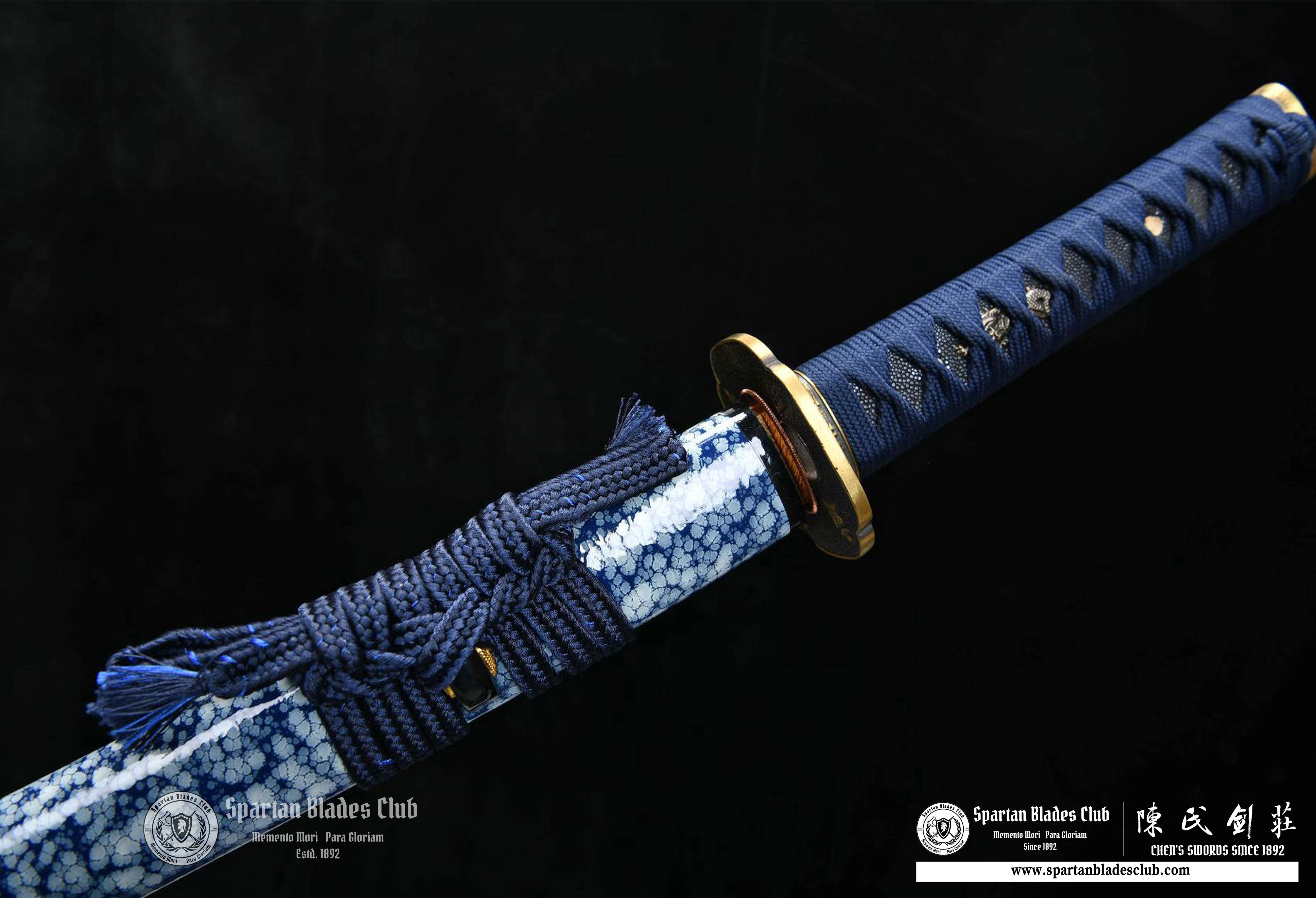 Wakazashi \T10 steel Clay-tempered \ Brass-made Fittins \ Autentic ray-skin \ Blue \ Battle-ready - Spartan Blades Club - 陳氏劍莊1892