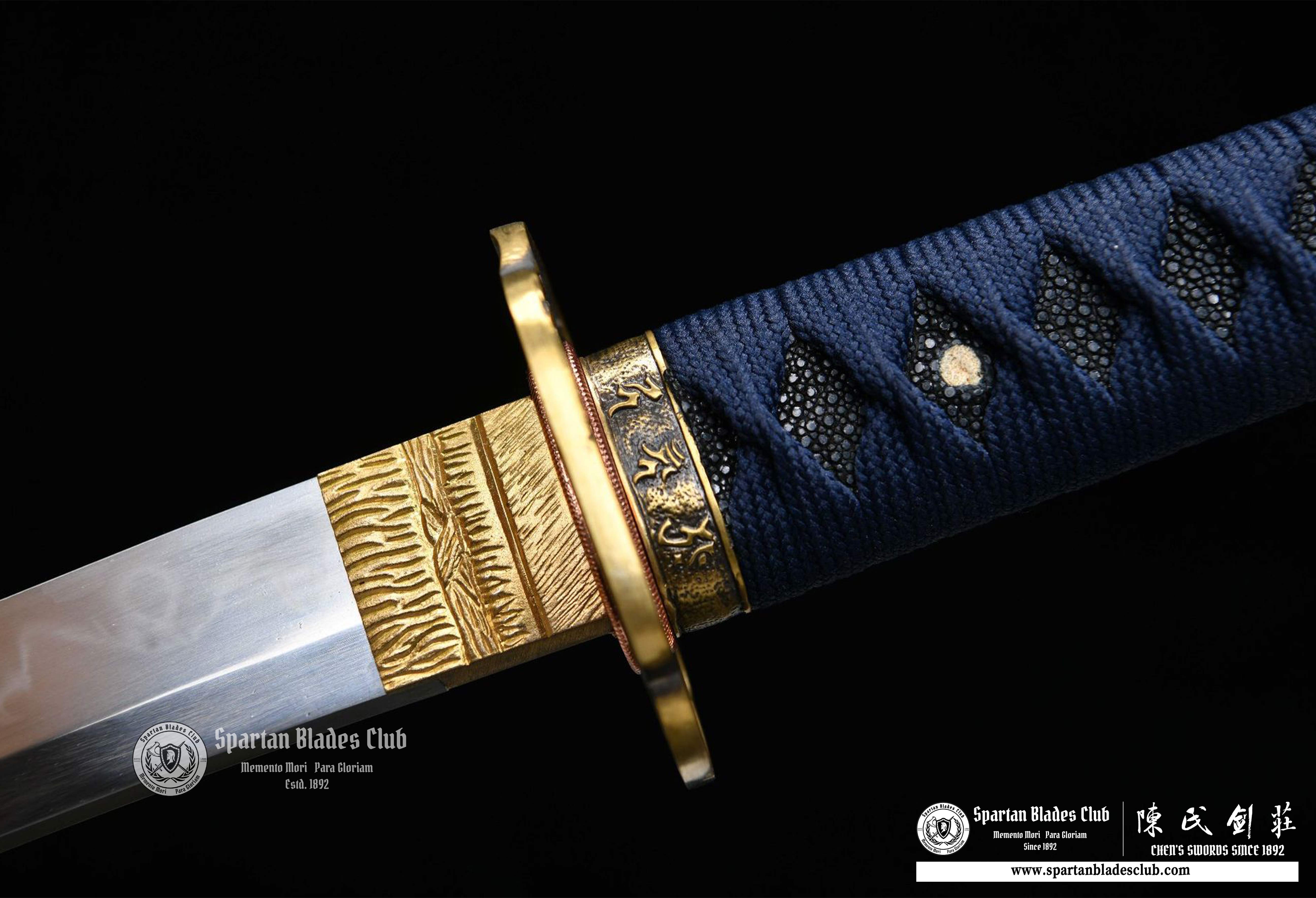 Wakazashi \T10 steel Clay-tempered \ Brass-made Fittins \ Autentic ray-skin \ Blue \ Battle-ready - Spartan Blades Club - 陳氏劍莊1892