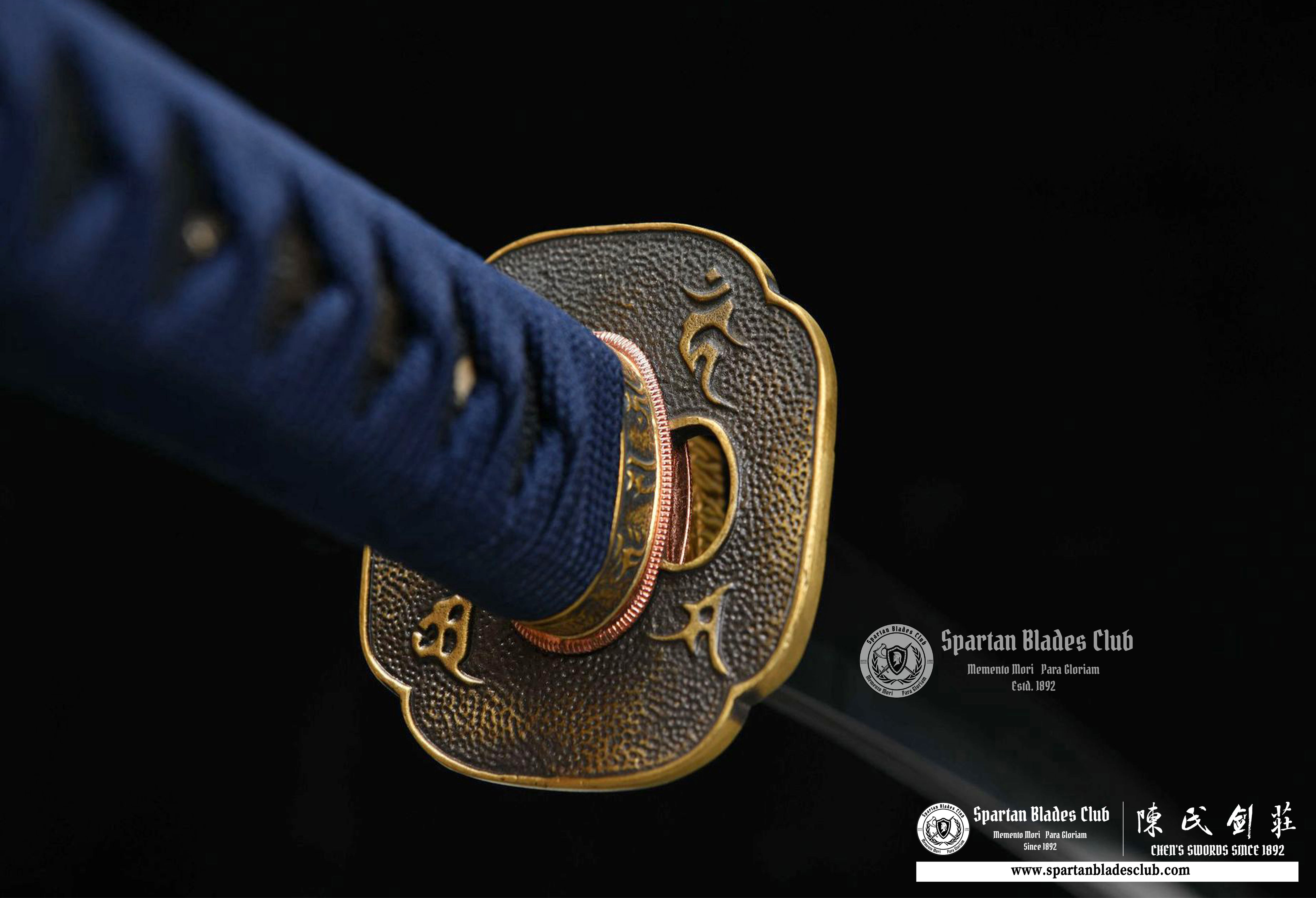 Wakazashi \T10 steel Clay-tempered \ Brass-made Fittins \ Autentic ray-skin \ Blue \ Battle-ready - Spartan Blades Club - 陳氏劍莊1892