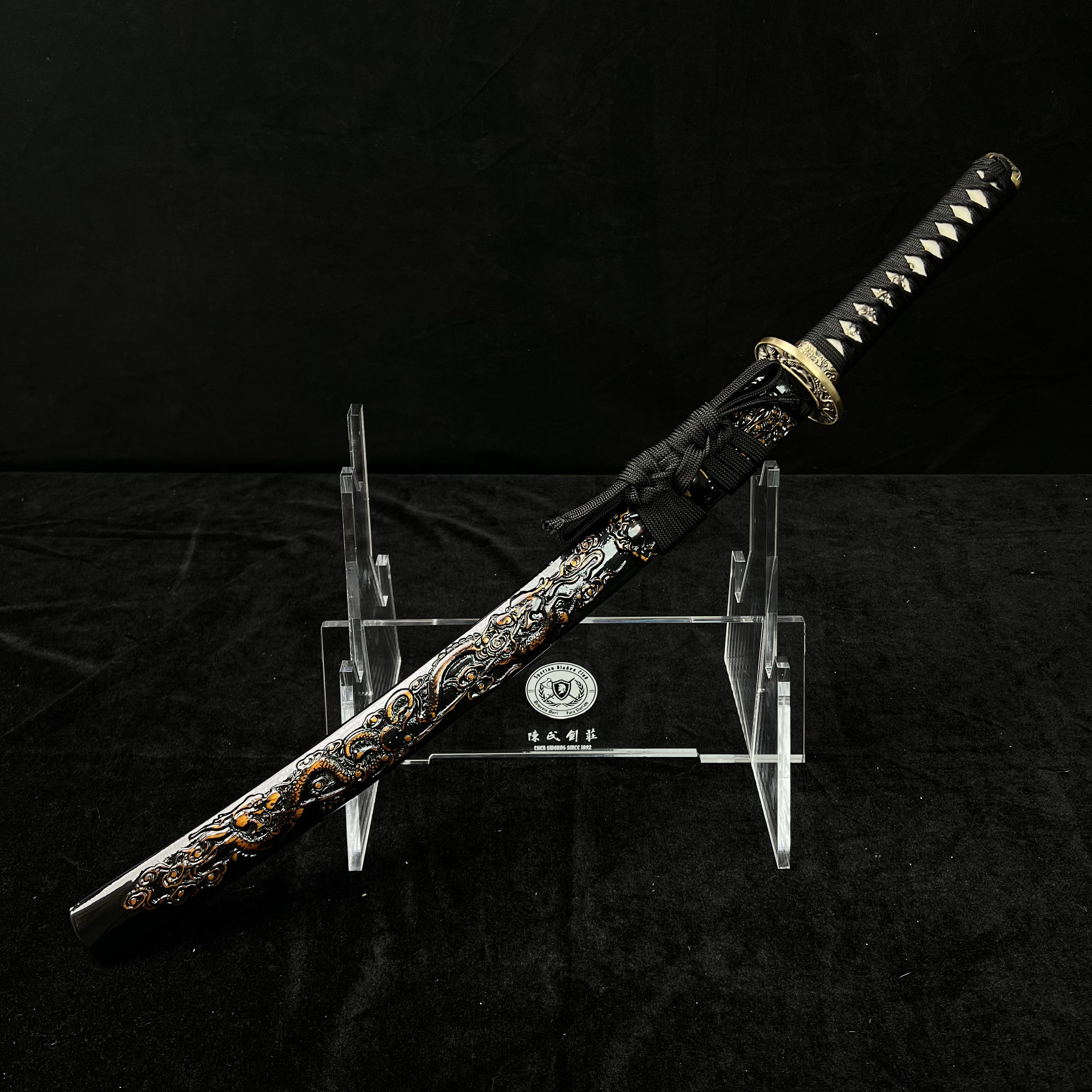 🐲TK24🐲 Black Dragon Slayer(黑狱魔龙)Katana Wakizashi Tanto/ Daisho Set / T10 Steel Clay-Tempered / Full-tang / Battle-ready / Handcrafted / Black Dragon / Spartan Blades Club / CHEN'S SWORDS 1892 - Spartan Blades Club - 陳氏劍莊1892