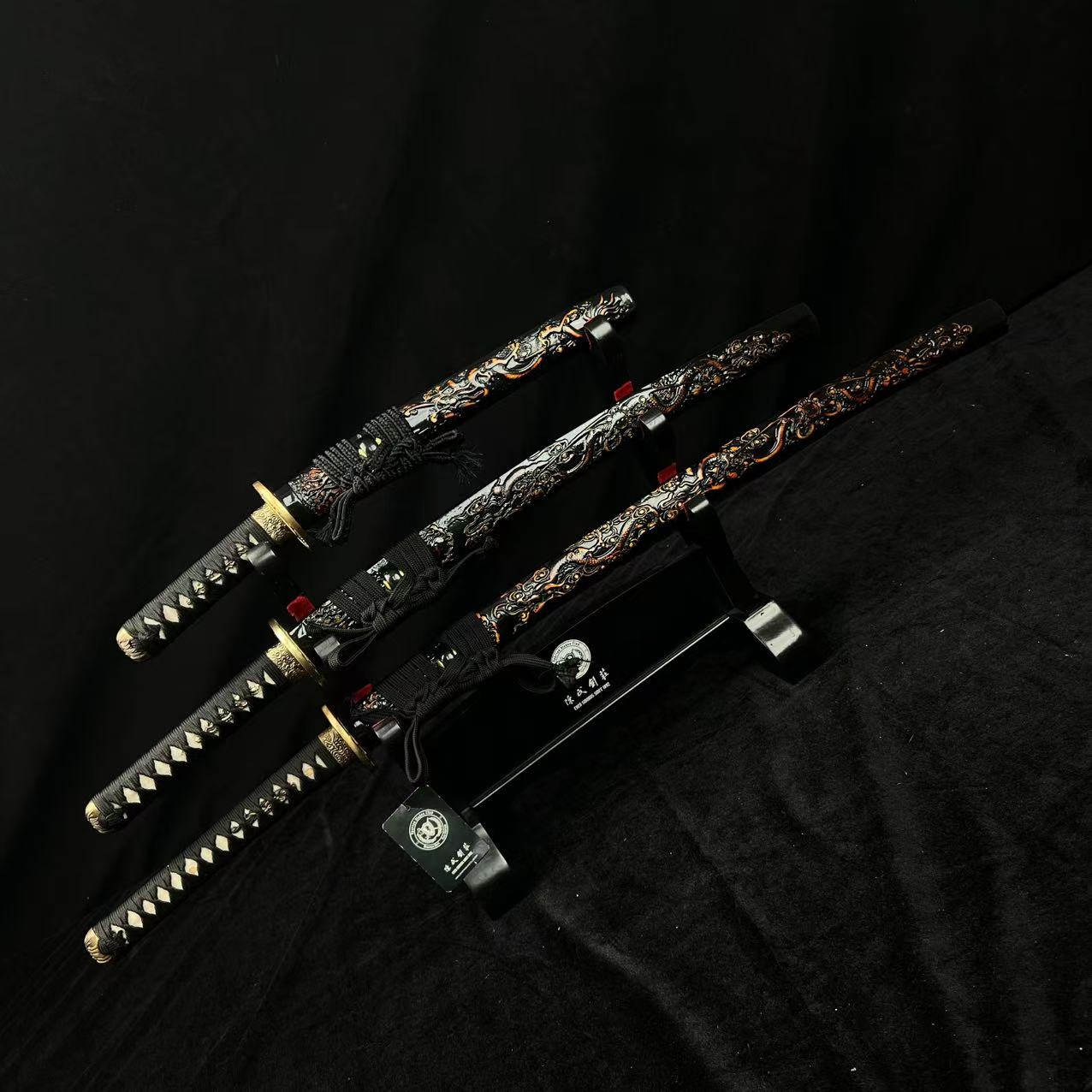 🐲TK24🐲 Black Dragon Slayer(黑狱魔龙)Katana Wakizashi Tanto/ Daisho Set / T10 Steel Clay-Tempered / Full-tang / Battle-ready / Handcrafted / Black Dragon / Spartan Blades Club / CHEN'S SWORDS 1892 - Spartan Blades Club - 陳氏劍莊1892