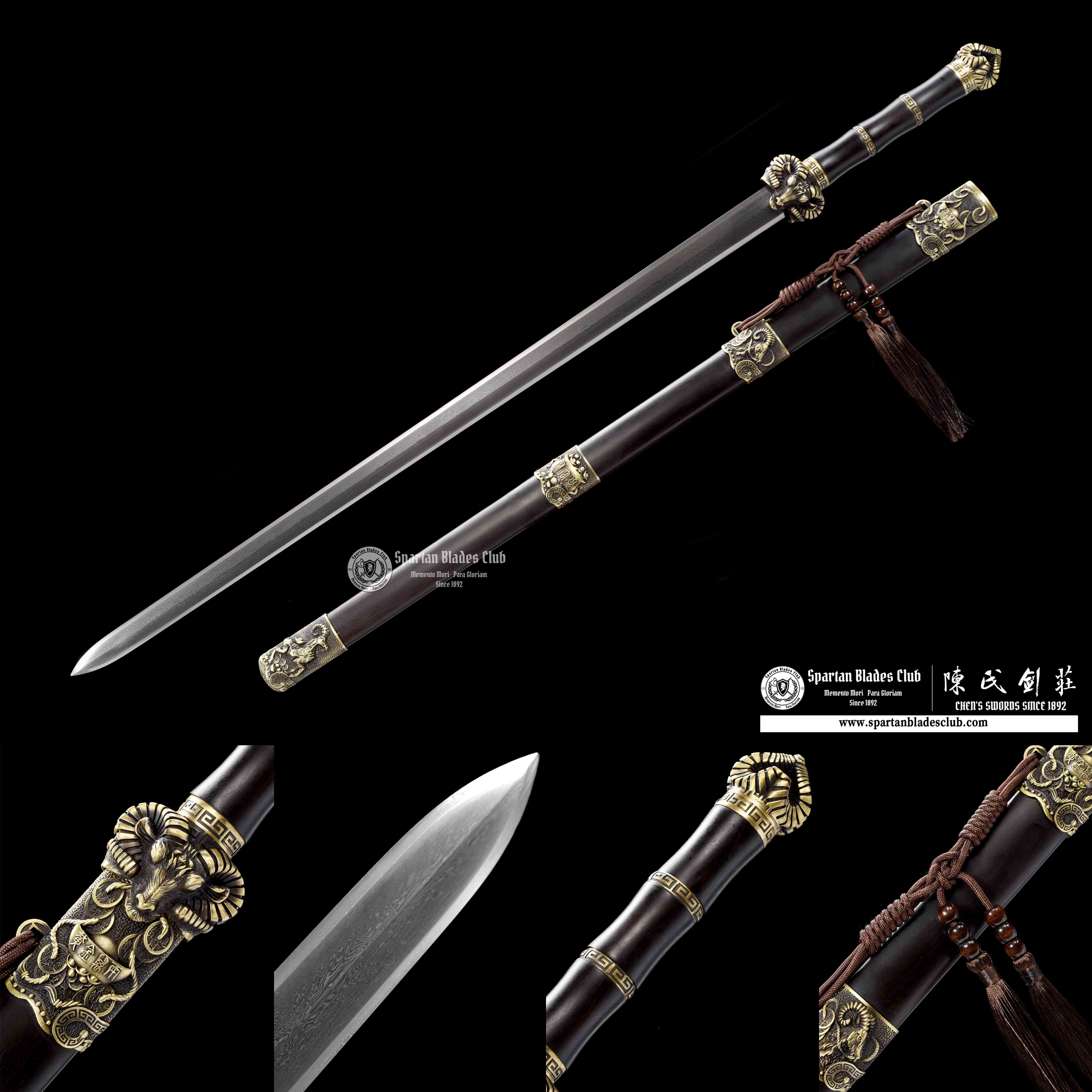 QQ03|🐏Ram Grace Blade|JIAN|Damascus steel|Ram|Brown&Golden|Battle-Ready|Full-tang|Spartan Blades Club|CHEN'S SWORDS 1892 - Spartan Blades Club - 陳氏劍莊1892
