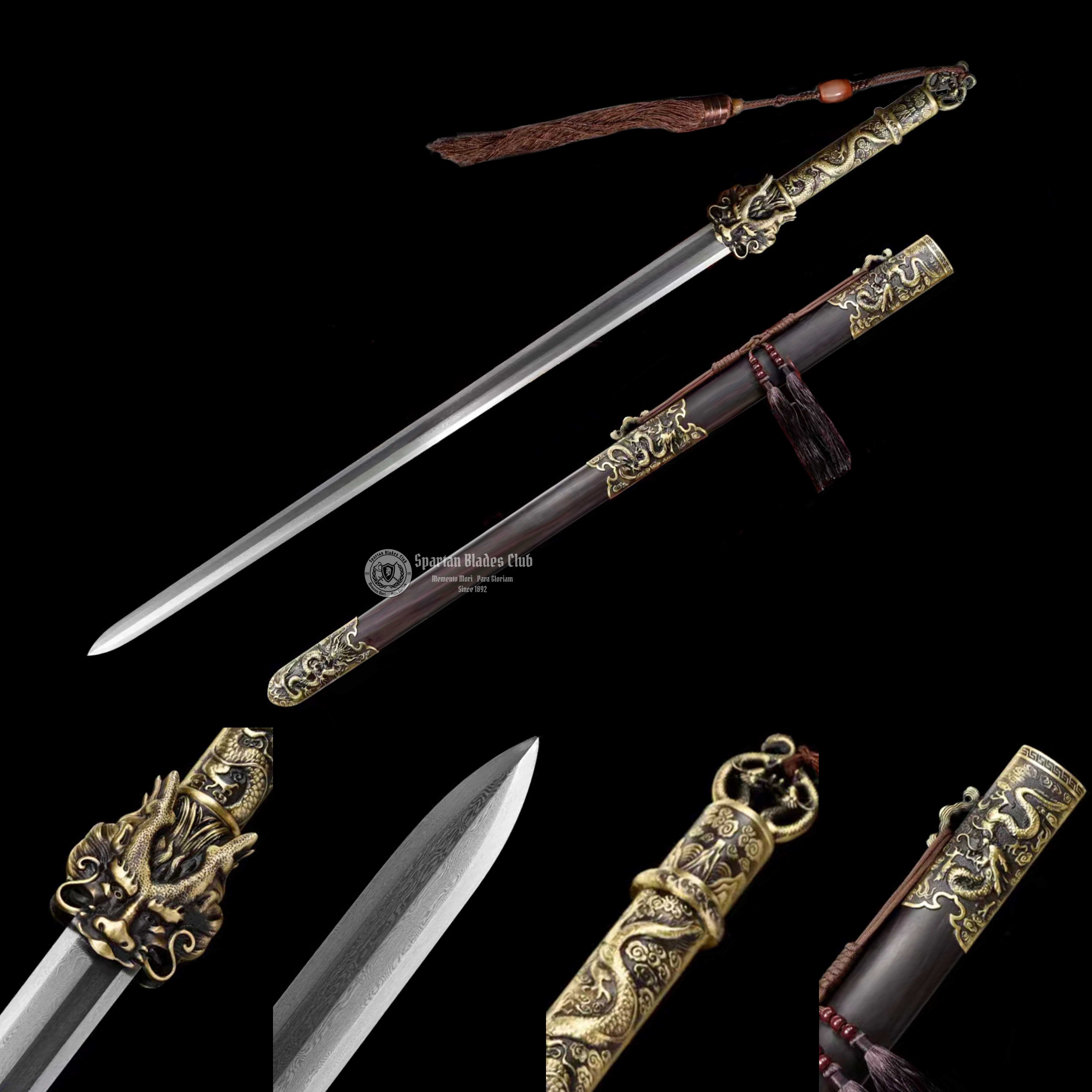 QQ01｜🐉Soaring Loong Battle｜JIAN｜Damascus steel｜Loong dragon｜Brown&Golden｜Battle-Ready｜Full-tang｜Spartan Blades Club｜CHEN'S SWORDS 1892 - Spartan Blades Club - 陳氏劍莊1892