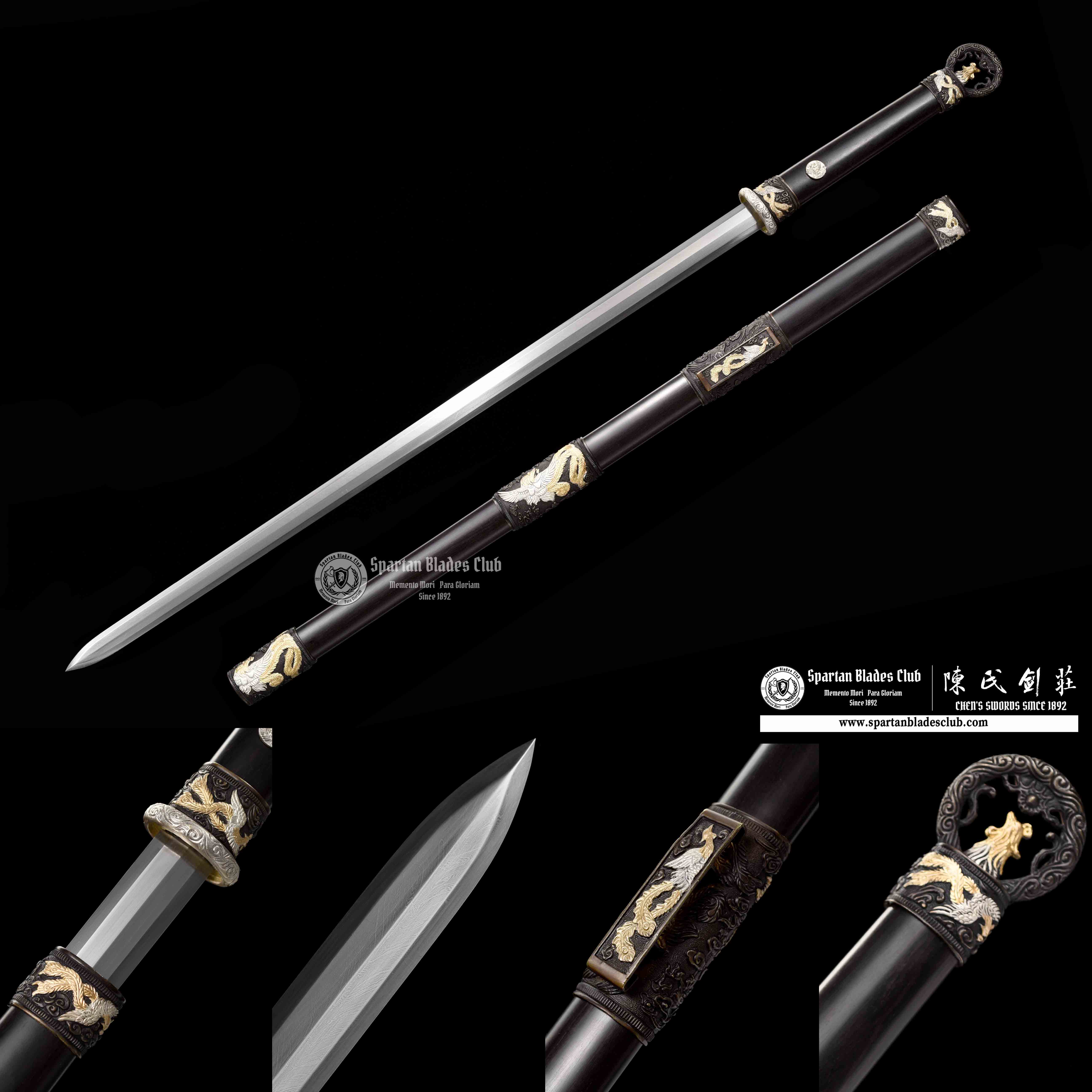 QQ02|🐦🔥Phoenix Ring|JIAN|Damascus steel|Phoenix|Black&Golden|Battle-Ready|Full-tang|Spartan Blades Club|CHEN'S SWORDS 1892 - Spartan Blades Club - 陳氏劍莊1892