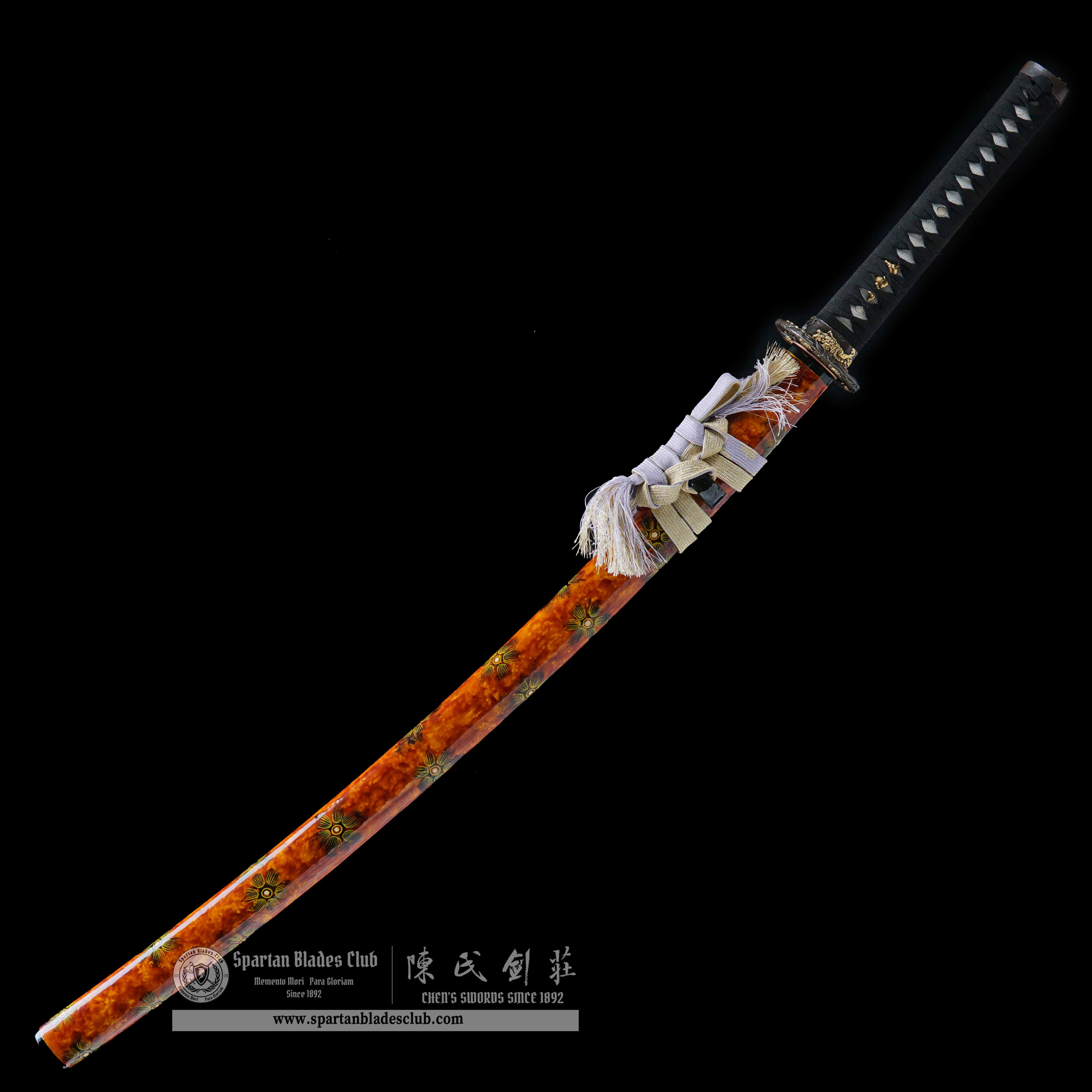 HY12|🌼Amber Floral Katana|Katana|Honsanmai structure blade|Damascus steel wrapped in T10 steel|Premium Hand-polishing|flowers|orange|Battle-Ready|Full-tang|Spartan Blades Club|CHEN'S SWORDS 1892 - Spartan Blades Club - 陳氏劍莊1892