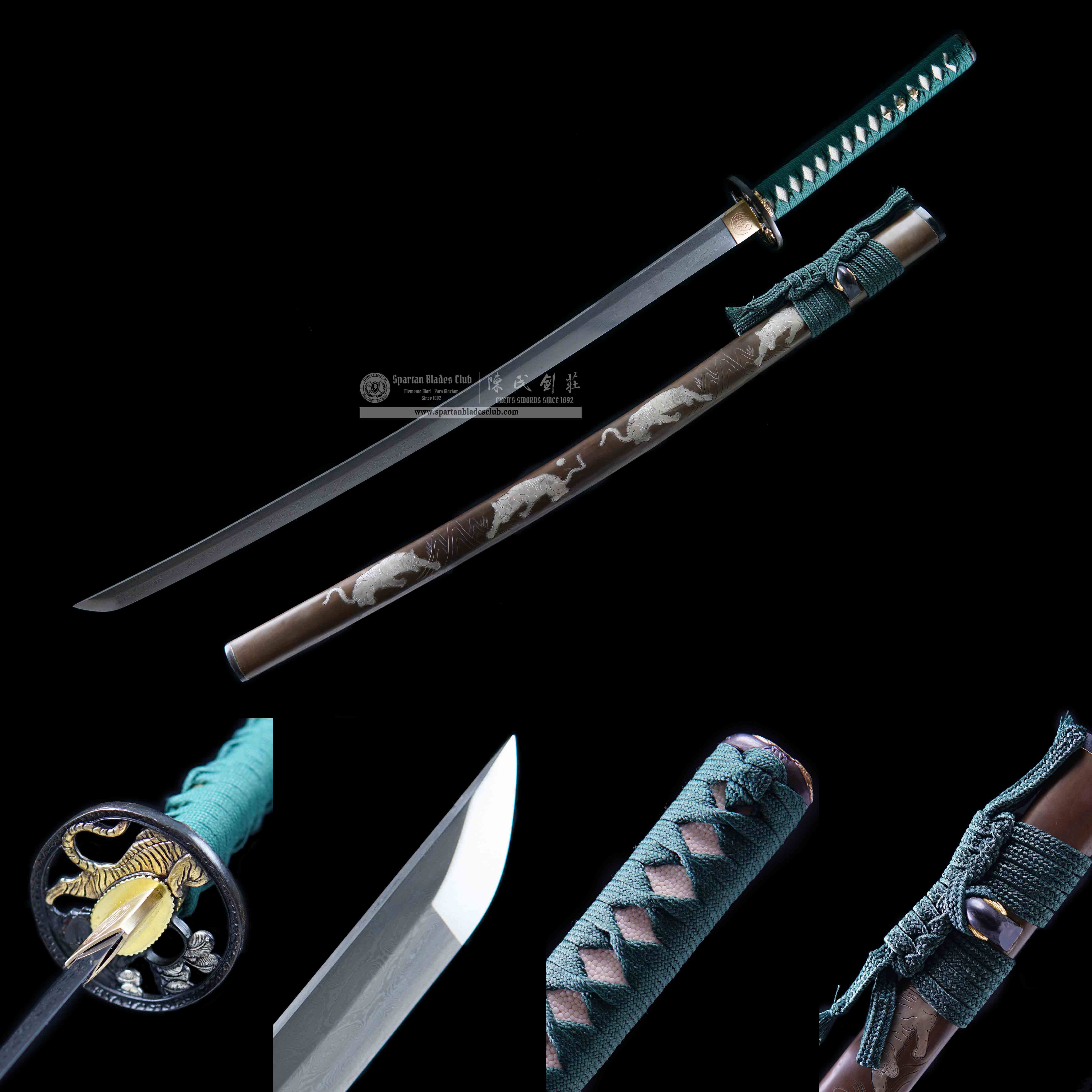 Katana - Tiger Gut Blade - Damascus Steel - Copper Fittings Plated Gold & Silver - Sharp - Battle-ready - Green - Spartan Blades Club - 陳氏劍莊1892