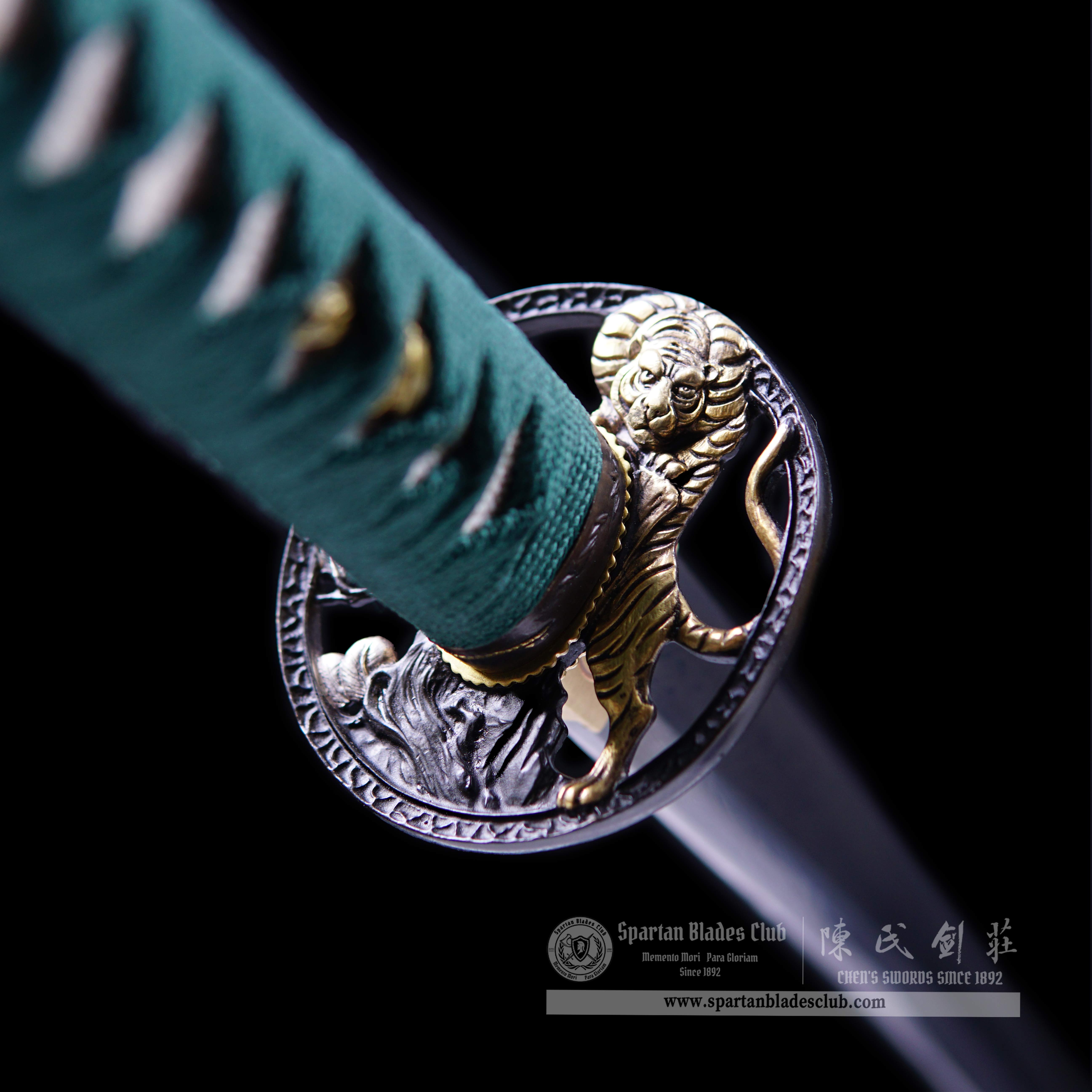 Katana - Tiger Gut Blade - Damascus Steel - Copper Fittings Plated Gold & Silver - Sharp - Battle-ready - Green - Spartan Blades Club - 陳氏劍莊1892