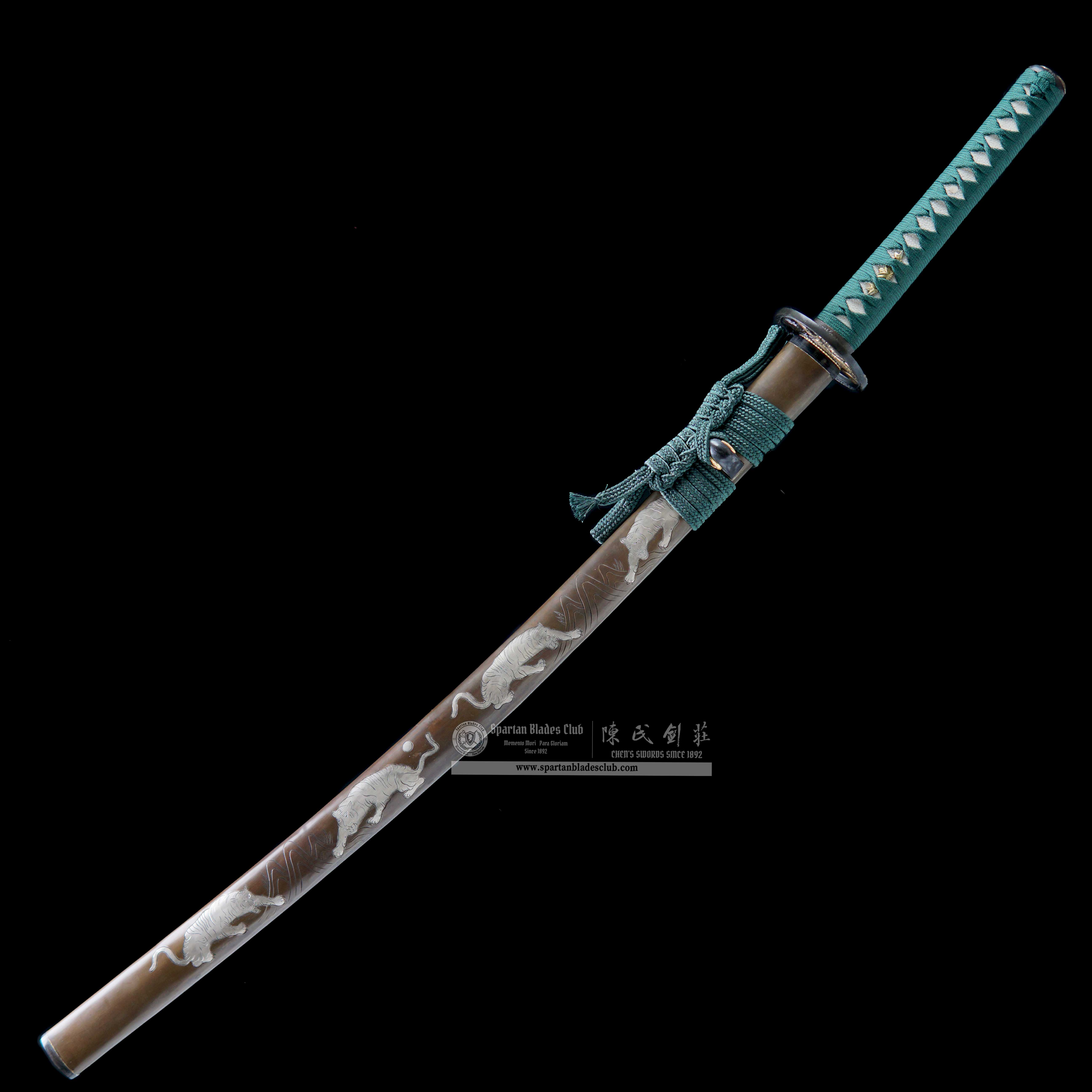 Katana - Tiger Gut Blade - Damascus Steel - Copper Fittings Plated Gold & Silver - Sharp - Battle-ready - Green - Spartan Blades Club - 陳氏劍莊1892