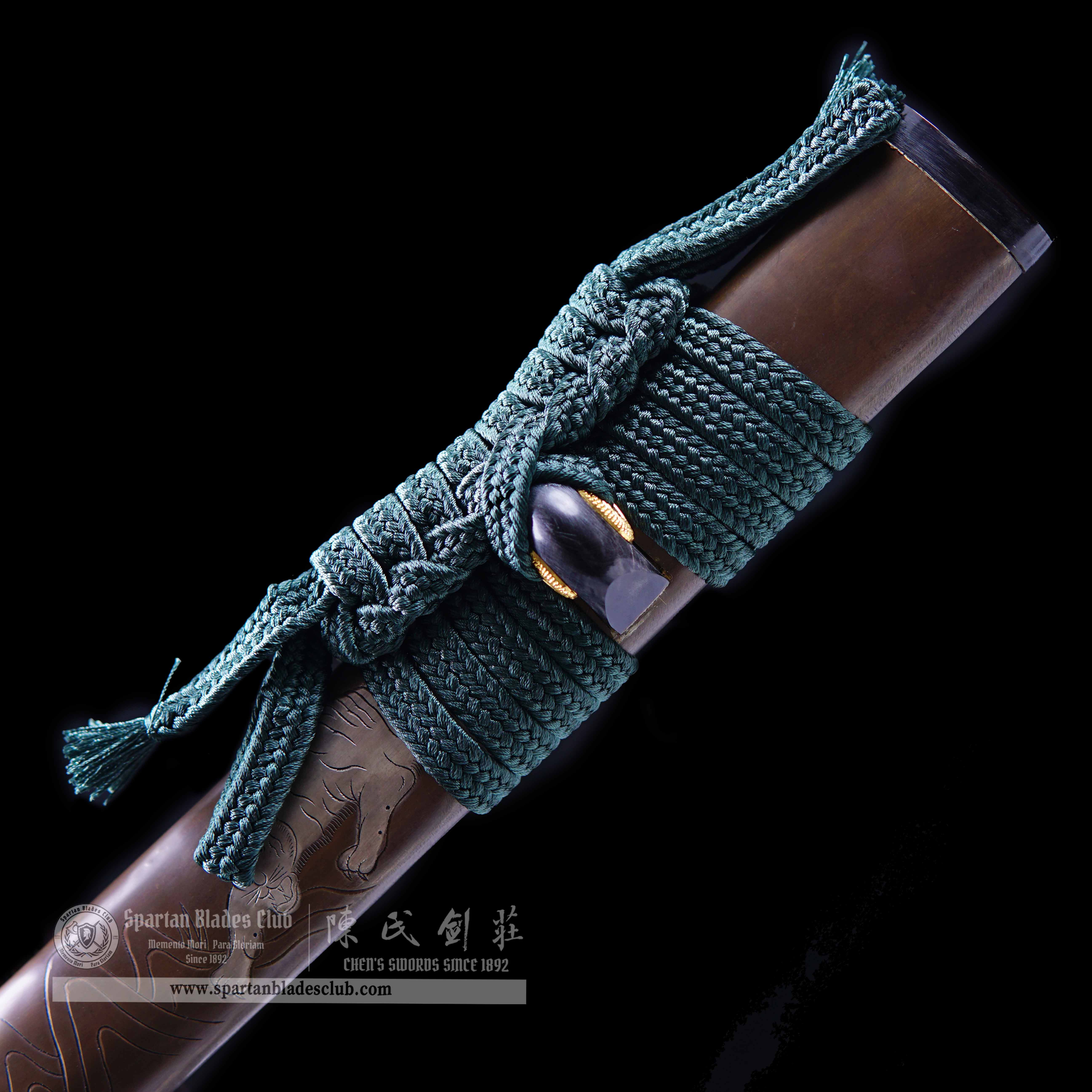 Katana - Tiger Gut Blade - Damascus Steel - Copper Fittings Plated Gold & Silver - Sharp - Battle-ready - Green - Spartan Blades Club - 陳氏劍莊1892