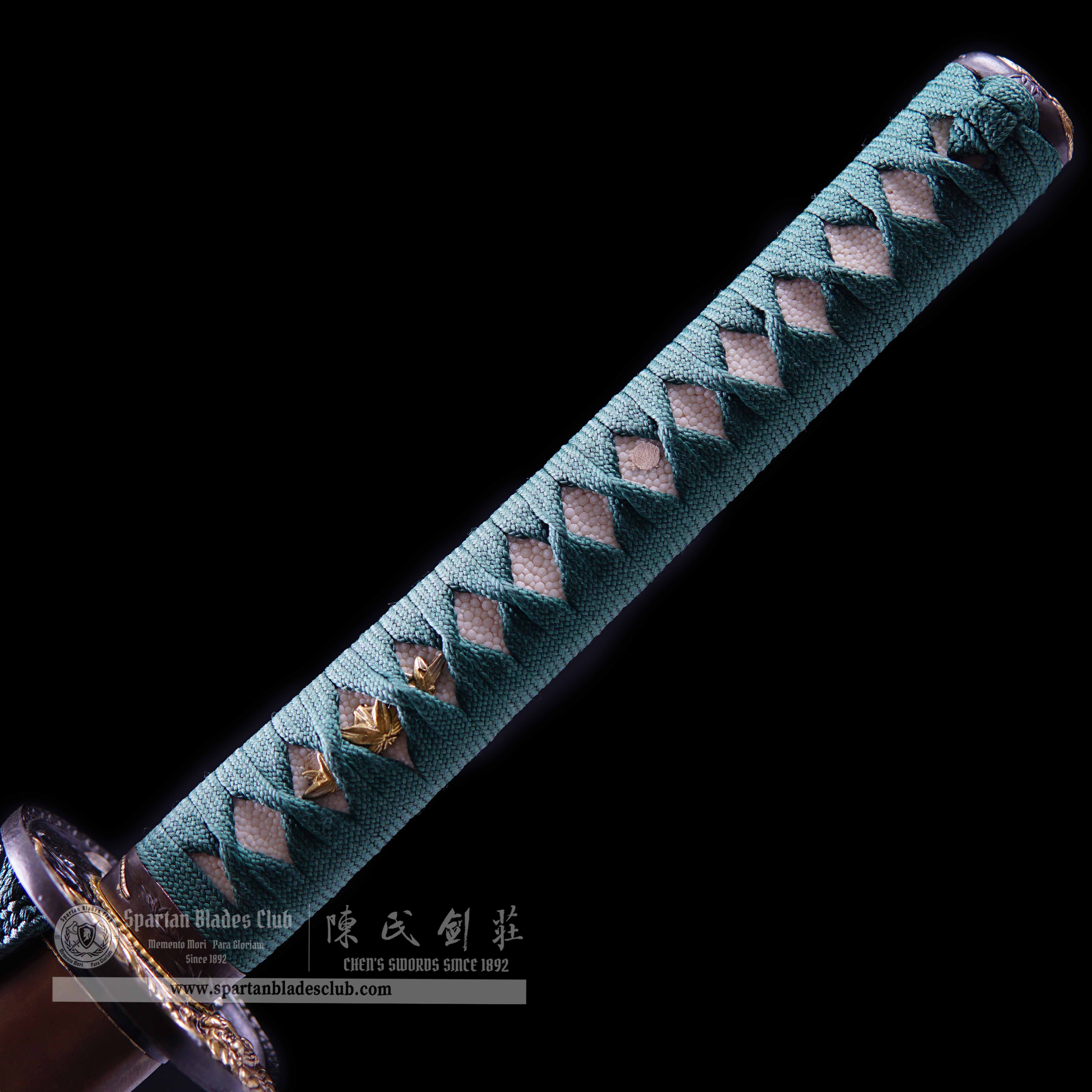 Katana - Tiger Gut Blade - Damascus Steel - Copper Fittings Plated Gold & Silver - Sharp - Battle-ready - Green - Spartan Blades Club - 陳氏劍莊1892