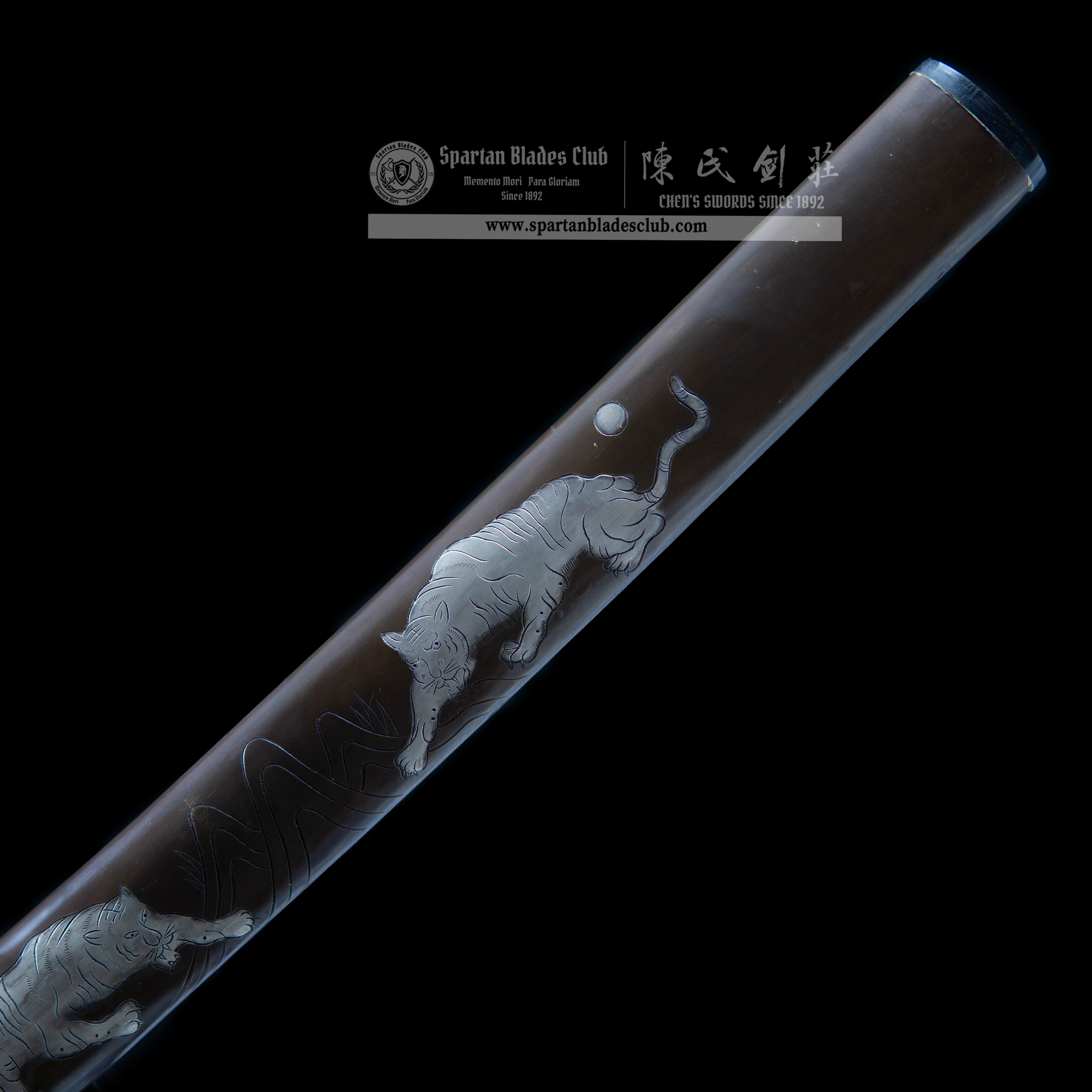 Katana - Tiger Gut Blade - Damascus Steel - Copper Fittings Plated Gold & Silver - Sharp - Battle-ready - Green - Spartan Blades Club - 陳氏劍莊1892