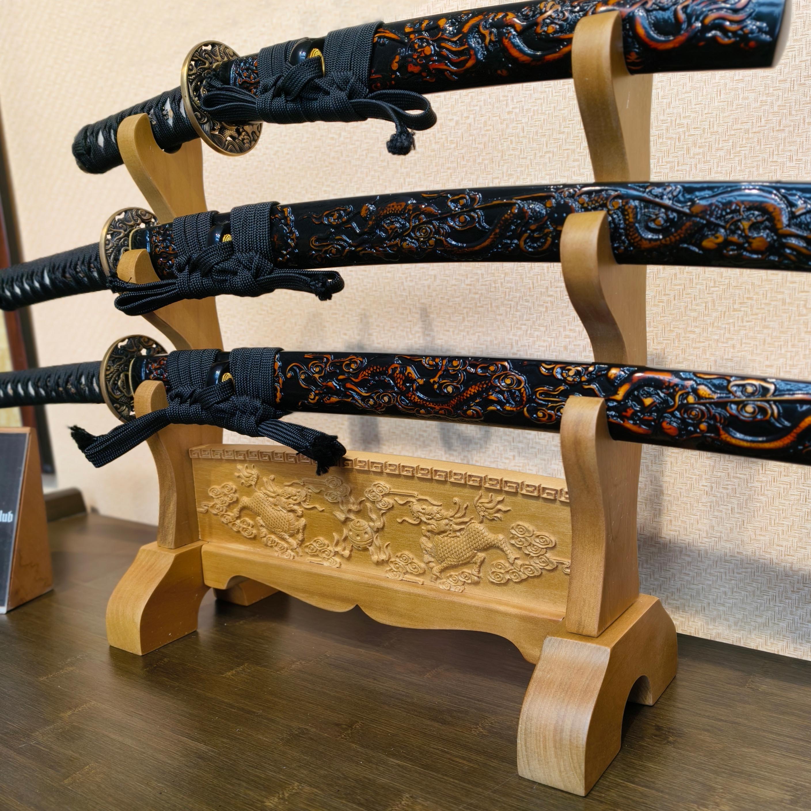 Exquisite Carved Wooden Sword Display Stands | 1 ~ 3 Tiers | Dragon/ Kylin/ Koi / Crane/ Fu /Plain | Holder Rack Stand - Spartan Blades Club - 陳氏劍莊1892
