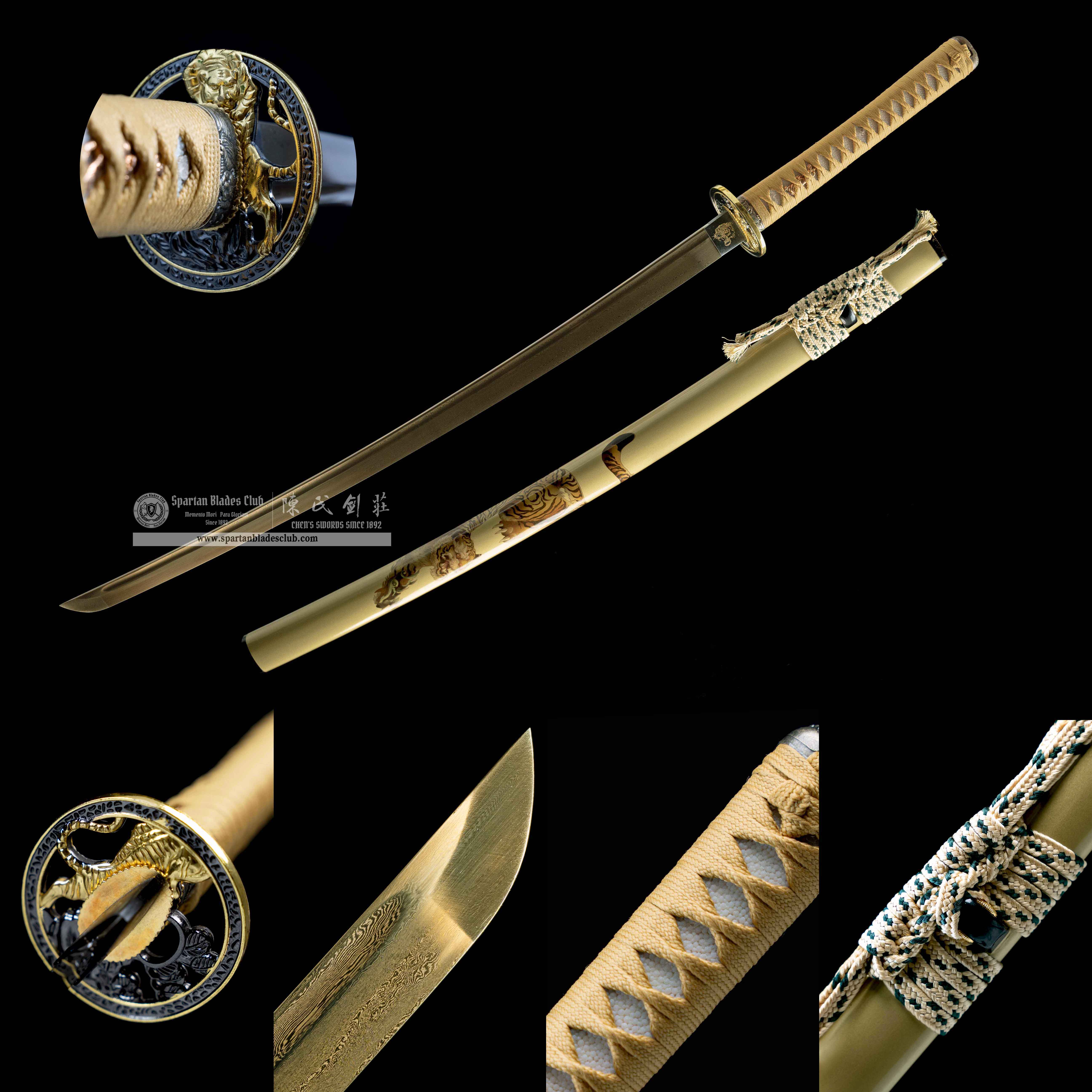 HY01|🐅Golden Tiger|Katana|Damascus steal|Heat-colored golden|Tiger|Golden|Battle-Ready|Full-tang|Spartan Blades Club|CHEN'S SWORDS 1892 - Spartan Blades Club - 陳氏劍莊1892
